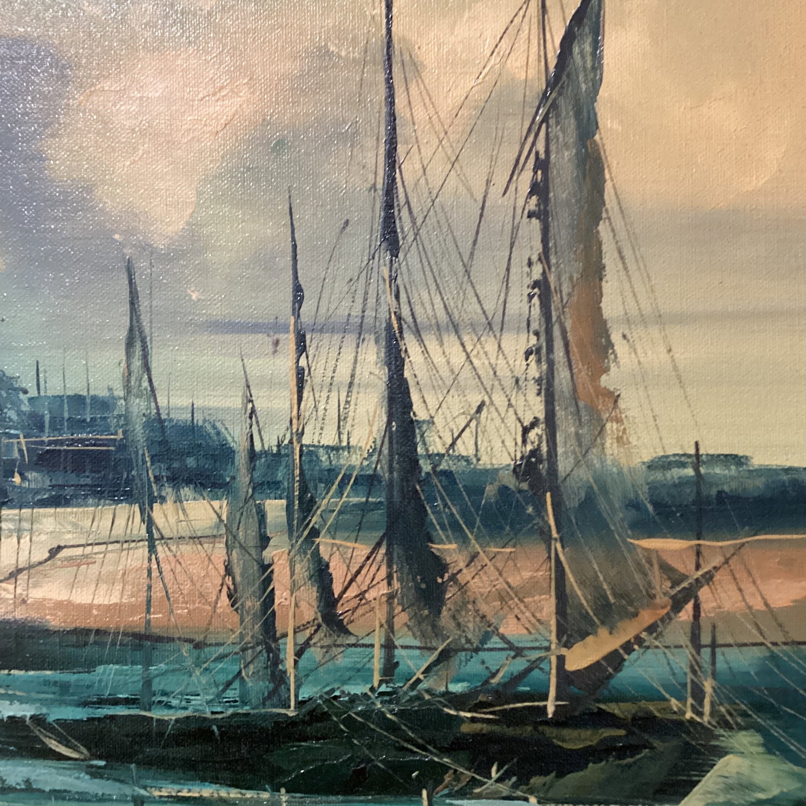 Mid 20th Century Painting on Canvas Nautical Ship Harbor Scene Signed Framed - 8