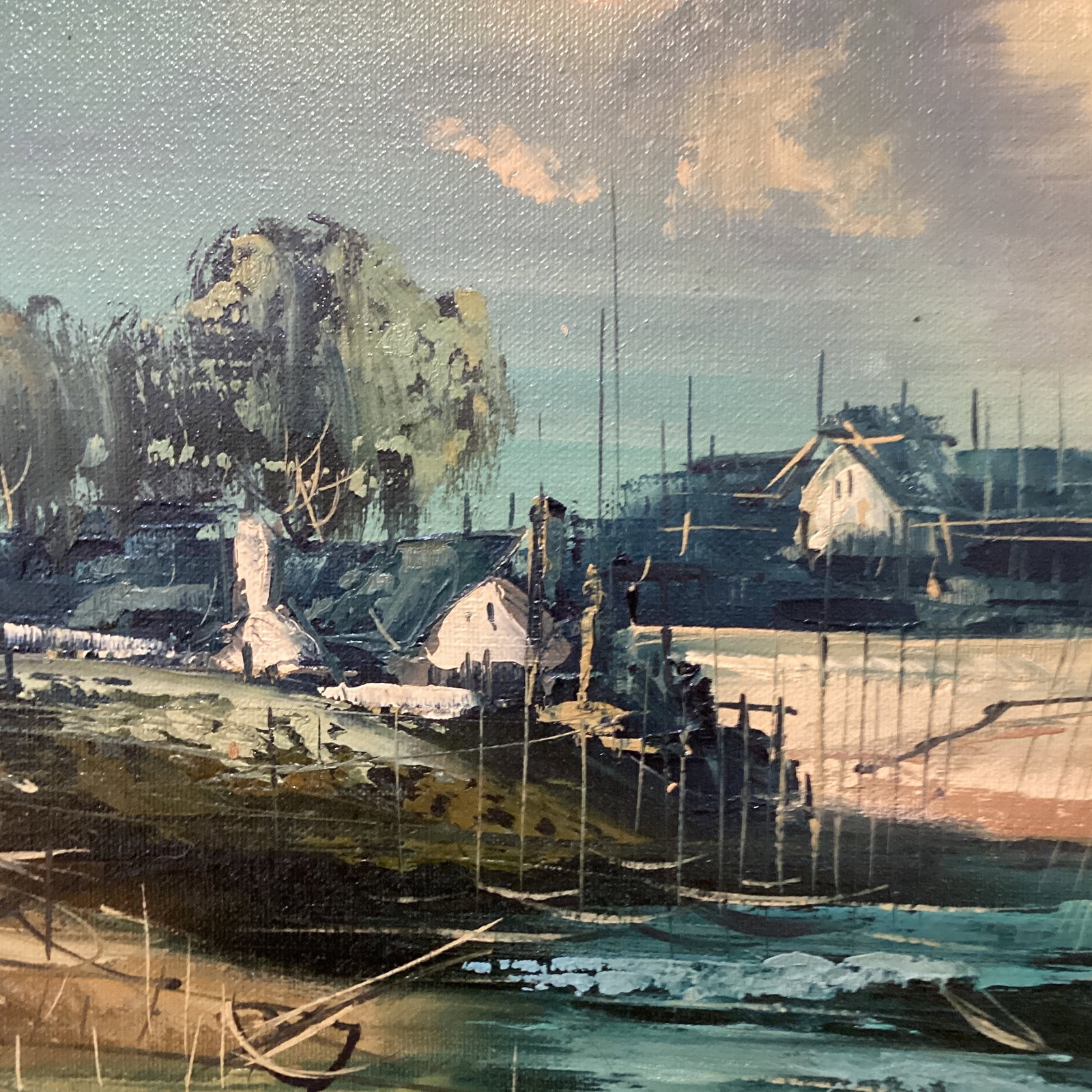 Mid 20th Century Painting on Canvas Nautical Ship Harbor Scene Signed Framed - 9