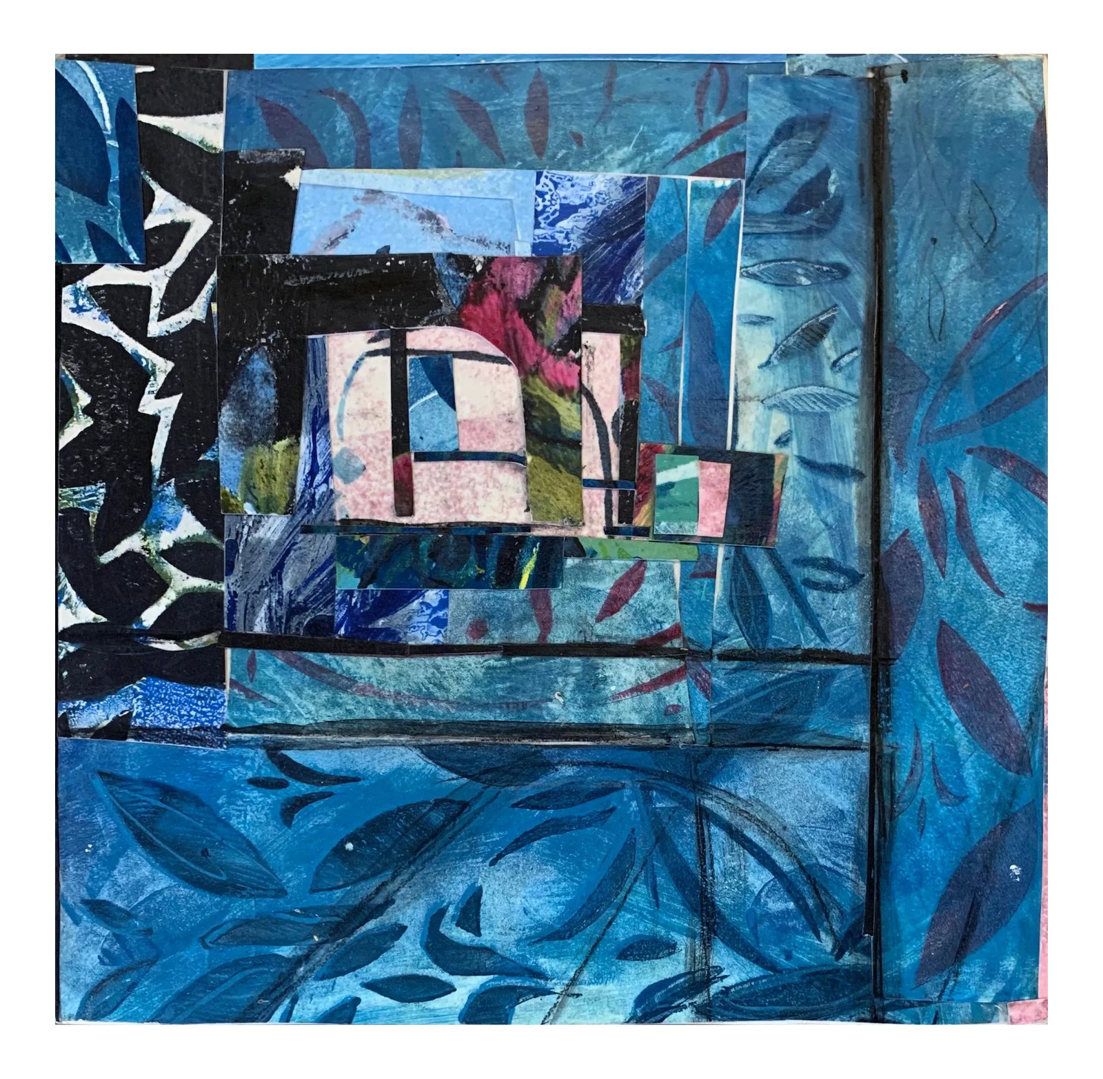 Contemporary Abstract 'Blue Window' Collage, 8x8": Blue Window is a collage on board made from monotype painting paper. It hangs directly on the wall and is signed on the back. The beauty of the inside out through a blue window. Condition: