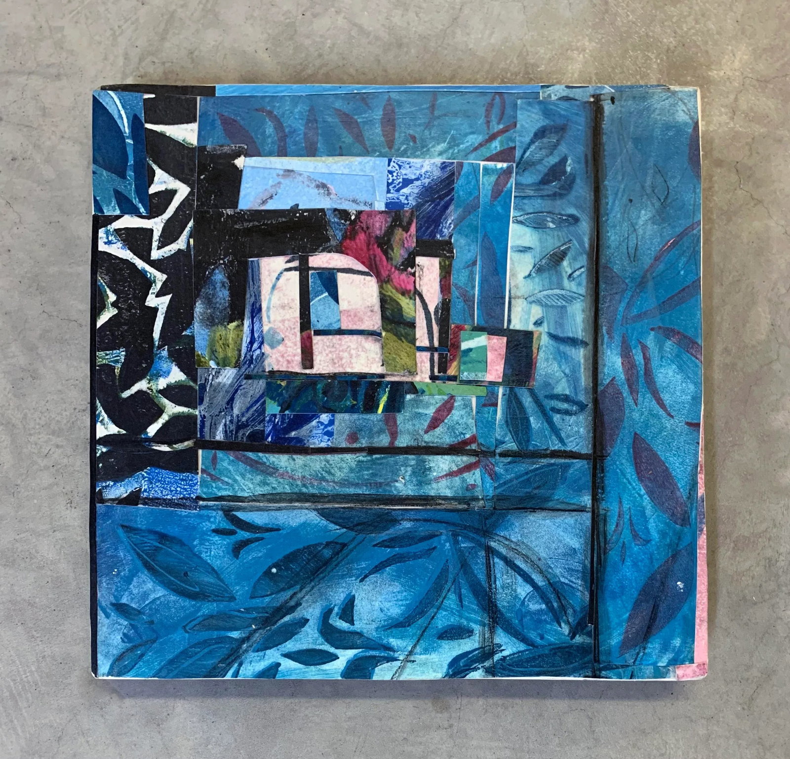 Contemporary Abstract 'Blue Window' Collage, 8x8" - 2