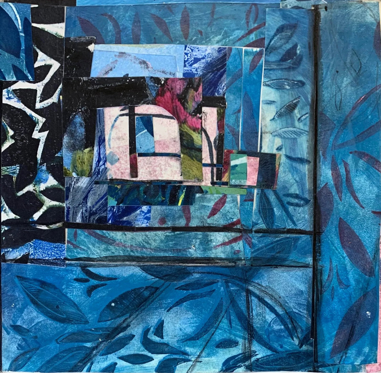 Contemporary Abstract 'Blue Window' Collage, 8x8" - 5