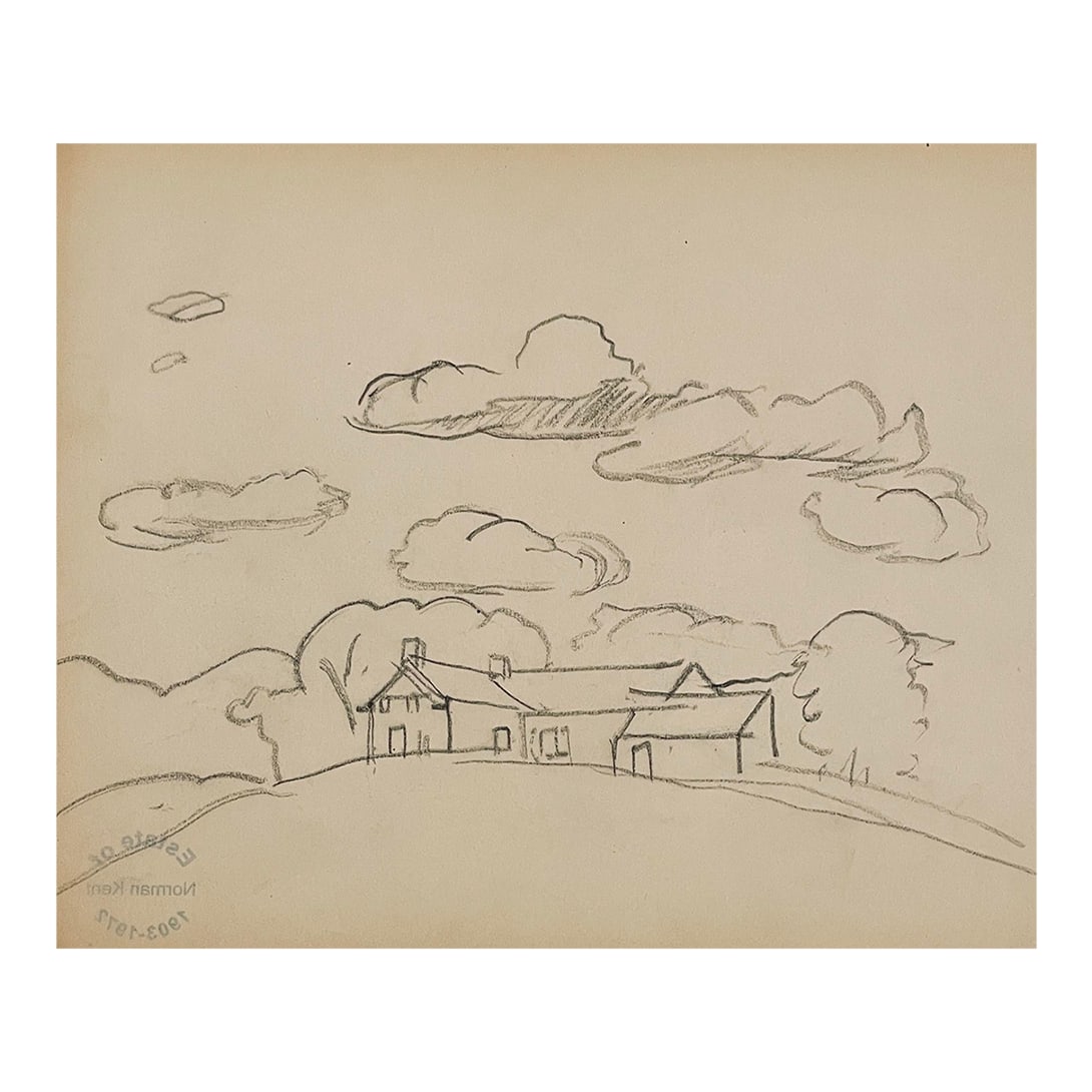 1940s Norman Kent Landscape Drawing: Born in Pittsburgh, American artist Norman Kent (1903 - 1972) attended the Rochester Institute and trained at the Art Students League in New York under Leftwich Dodge. He learned the art of the