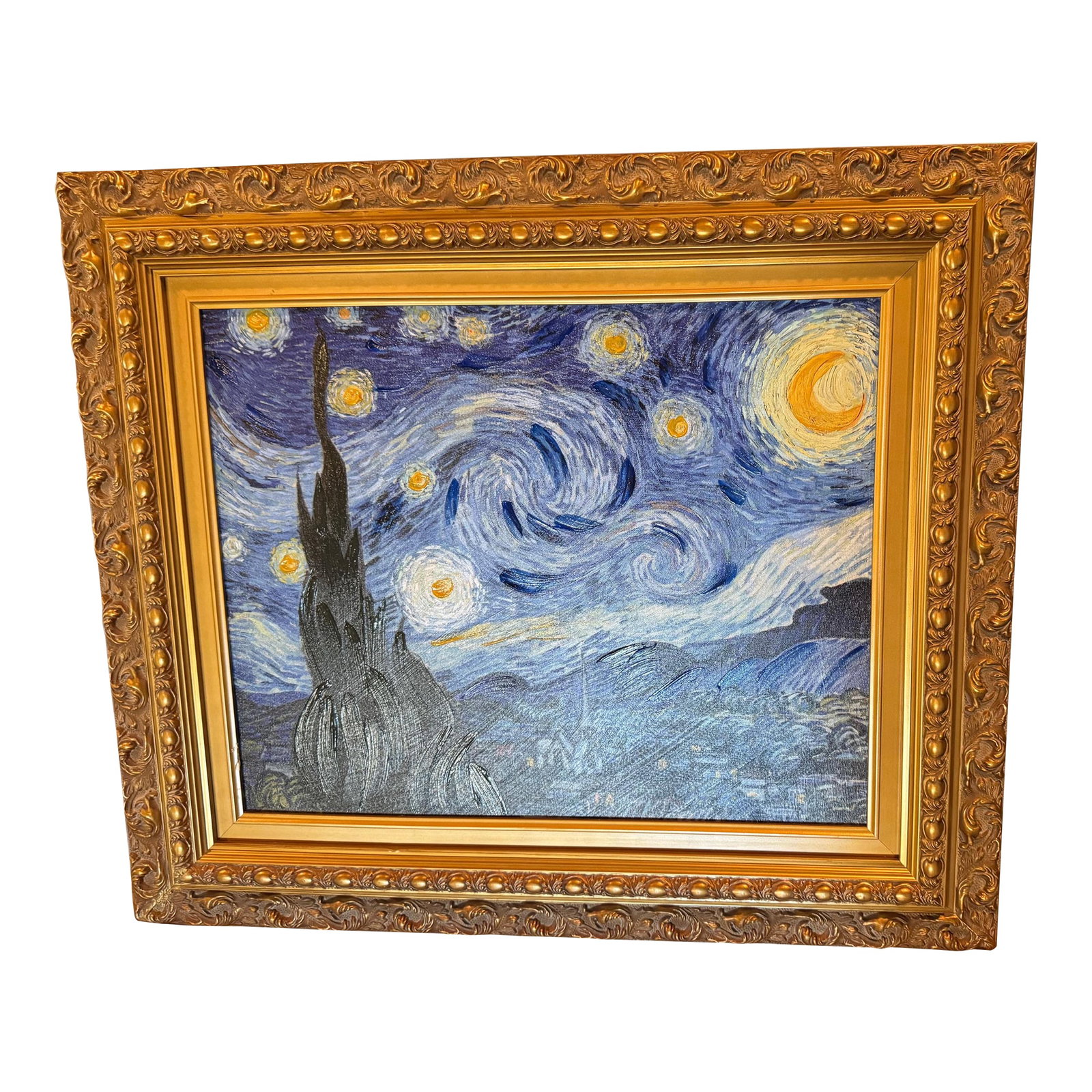 Late 20th Century Hand Painted Reproduction of Vincent Van Gogh's "Starry Nights" With Certificate o: Characterized by its use of bold lines and vibrant colors, Vincent van Gogh starry night from 1889 portrays a swirling night sky over a quiet village. This is a reproduction of his art. It has been