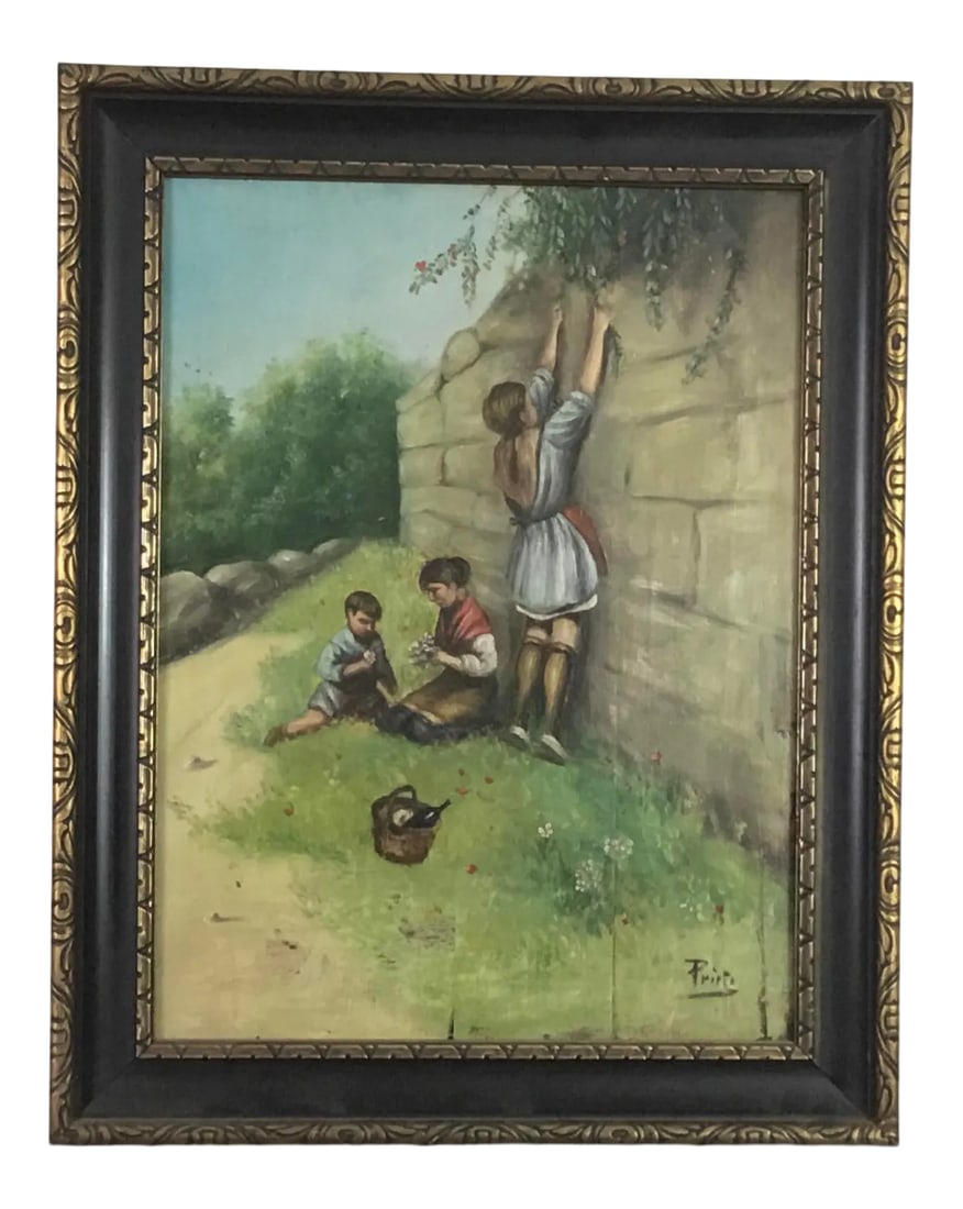 1940s Folk Art Style Figurative Oil Painting, Framed: Early folk art painting -on a wooden board - that has been mounted in a newer frame -signed in the lower right corner-the painting remains in very good condition-no flaking or paint loss or