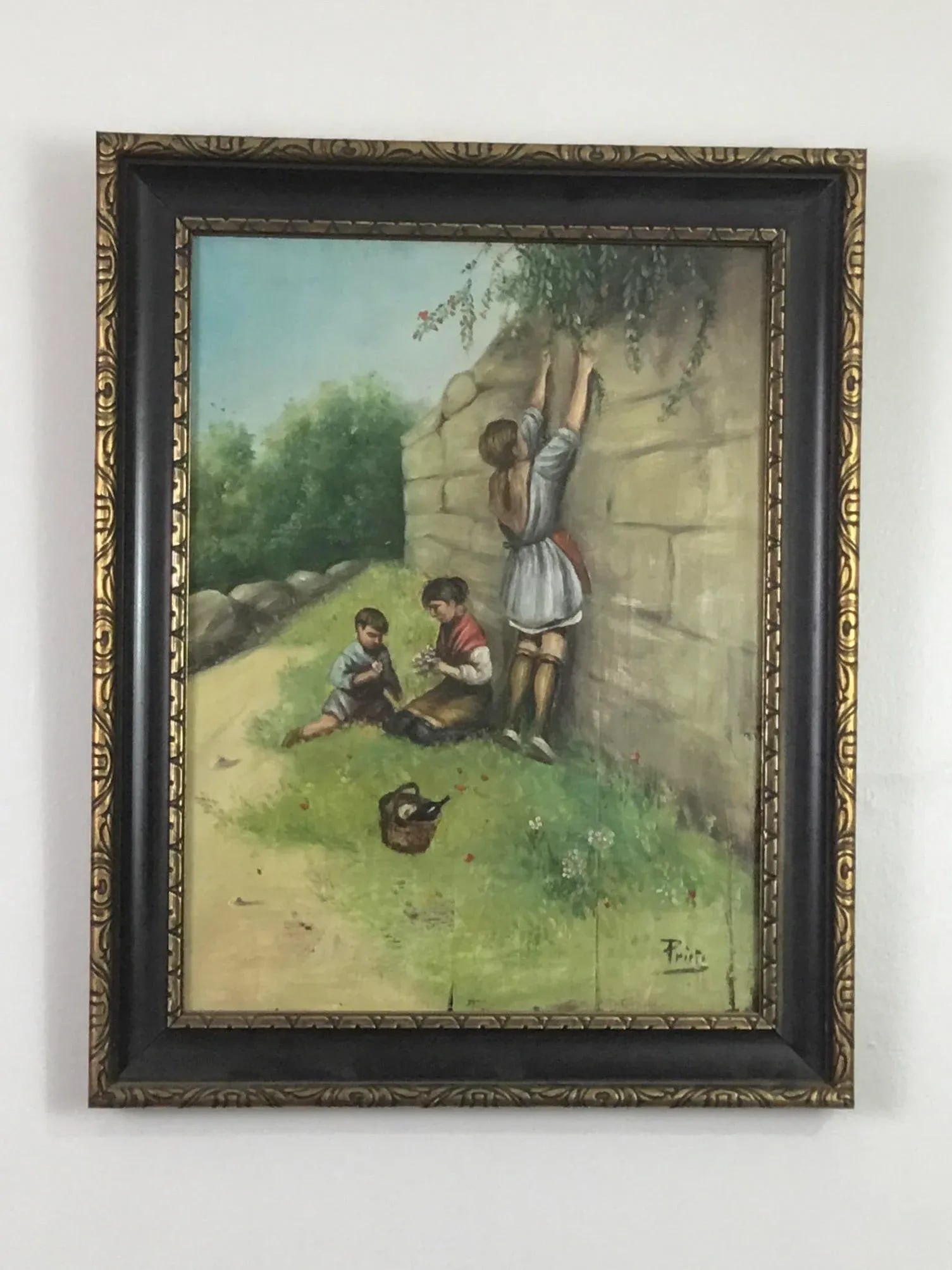 1940s Folk Art Style Figurative Oil Painting, Framed - 5