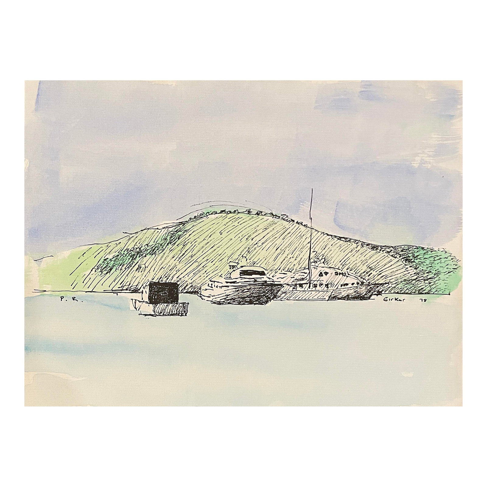 1978 Puerto Rico Harbor Painting by Hayward Cirker: Sailboats in a Puerto Rican harbor from the estate of Hayward Cirker (1917-2000) founder of Dover Publications. Cirker sketched frequently during his travels and weekend vacations. Ink sketch of a