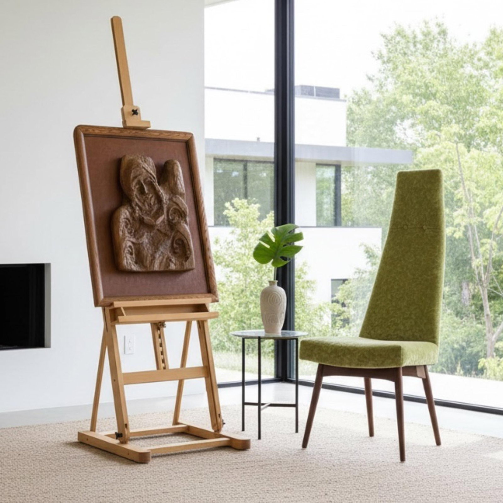 Hand-Carved Wood Relief Portrait With Leather Backdrop and Oak Frame - 10