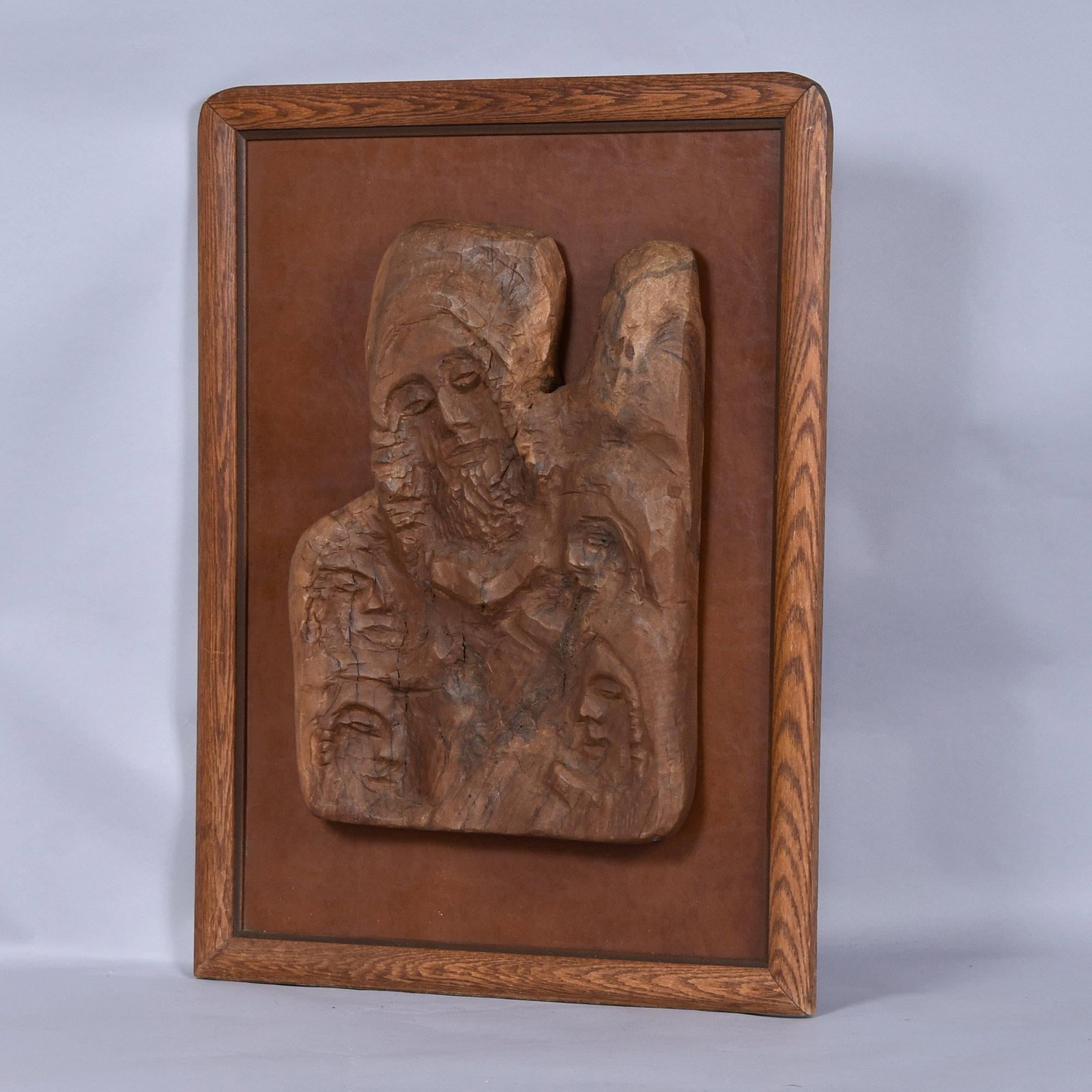 Hand-Carved Wood Relief Portrait With Leather Backdrop and Oak Frame - 11