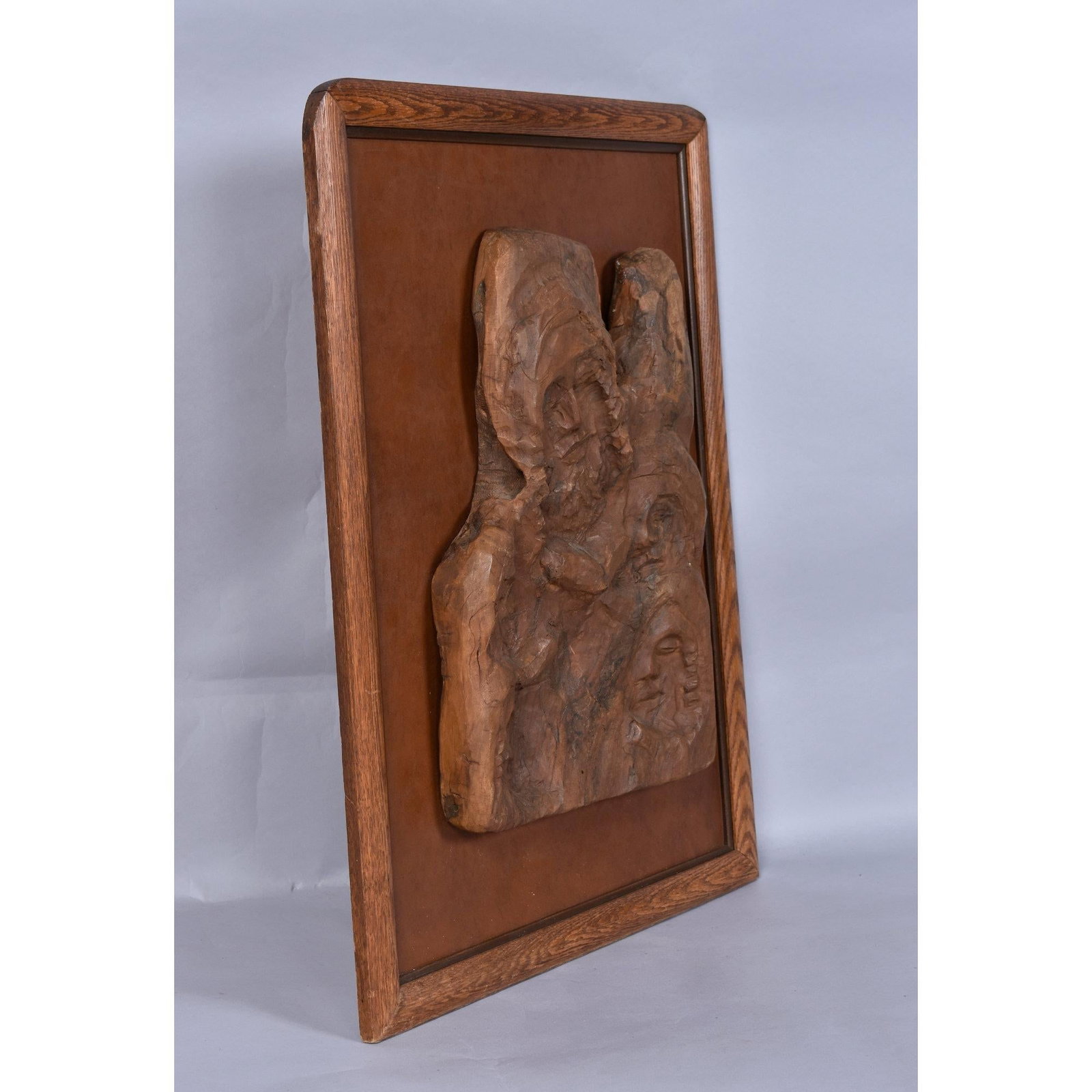 Hand-Carved Wood Relief Portrait With Leather Backdrop and Oak Frame - 3