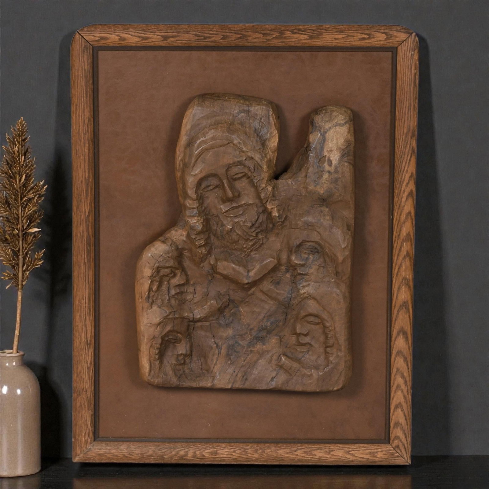 Hand-Carved Wood Relief Portrait With Leather Backdrop and Oak Frame - 4