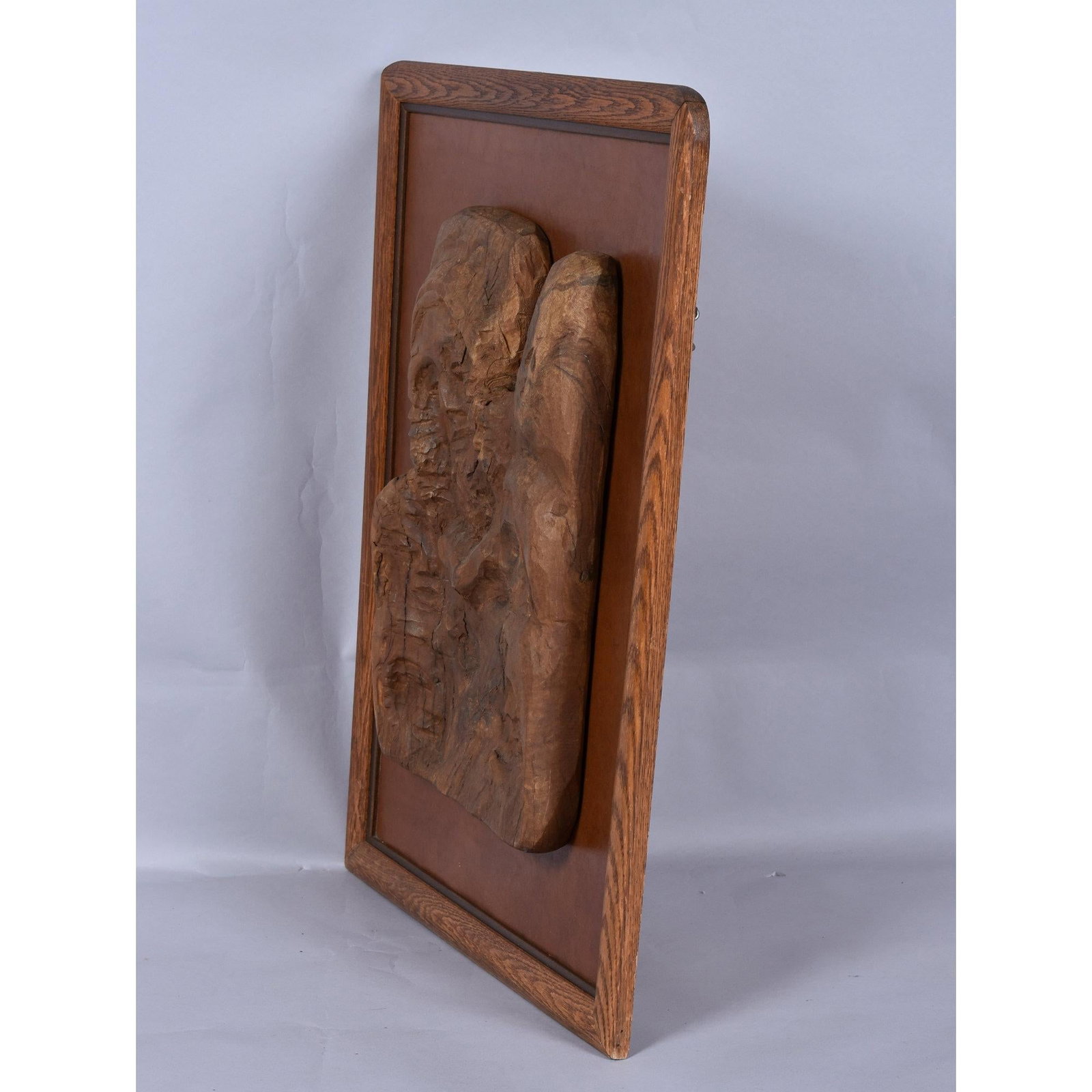 Hand-Carved Wood Relief Portrait With Leather Backdrop and Oak Frame - 5