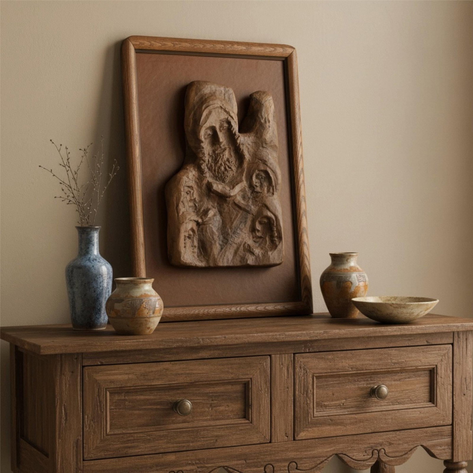 Hand-Carved Wood Relief Portrait With Leather Backdrop and Oak Frame - 6