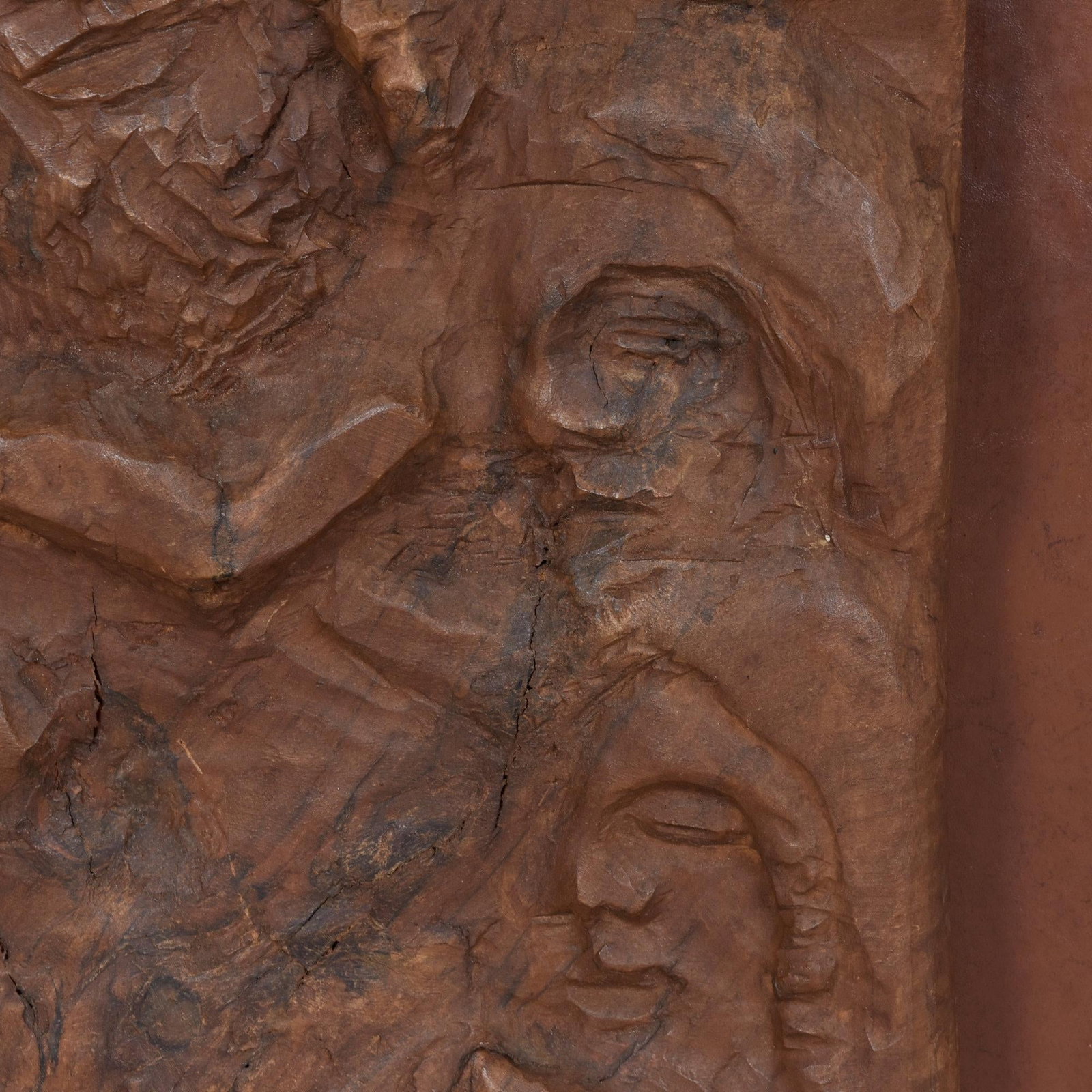 Hand-Carved Wood Relief Portrait With Leather Backdrop and Oak Frame - 7