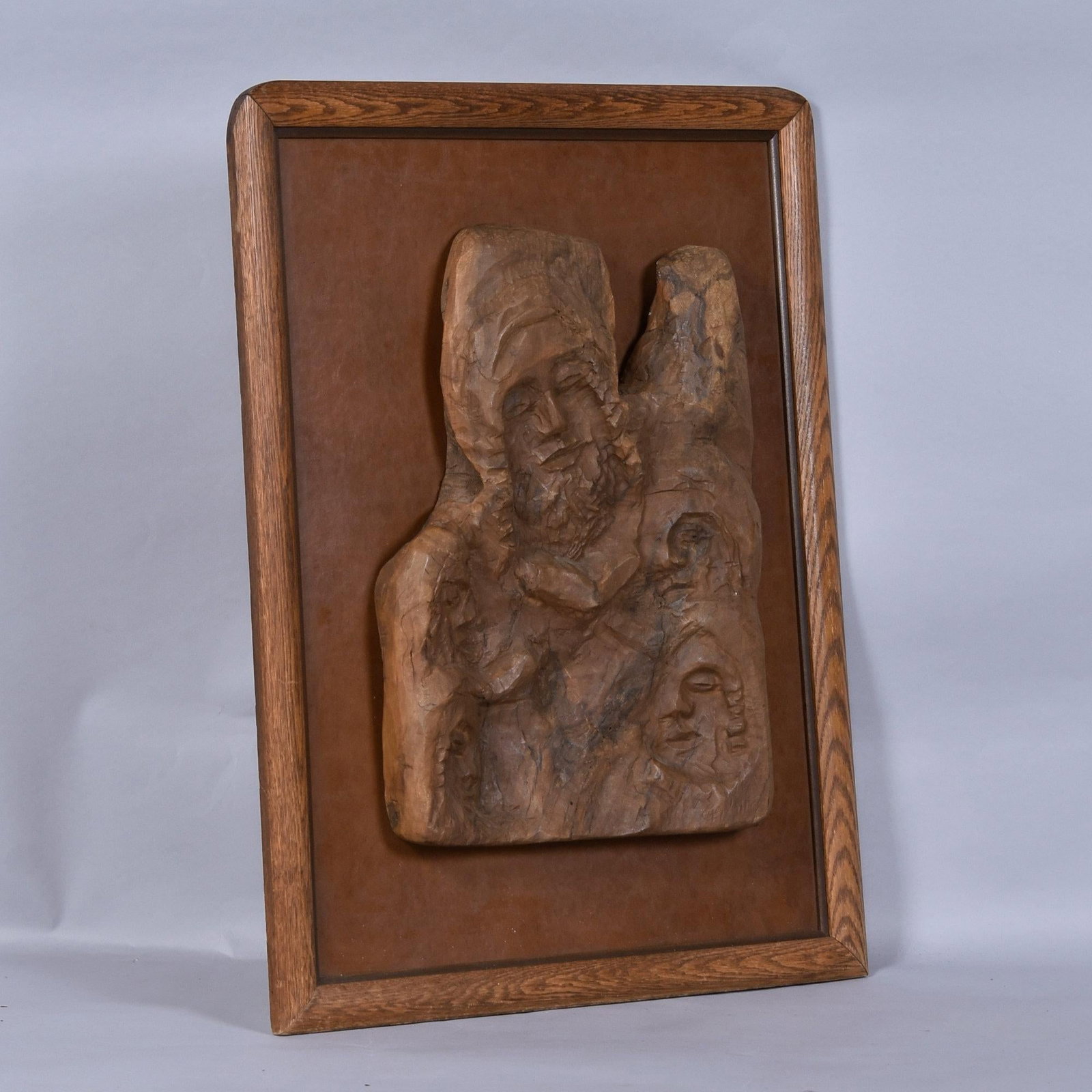 Hand-Carved Wood Relief Portrait With Leather Backdrop and Oak Frame - 8
