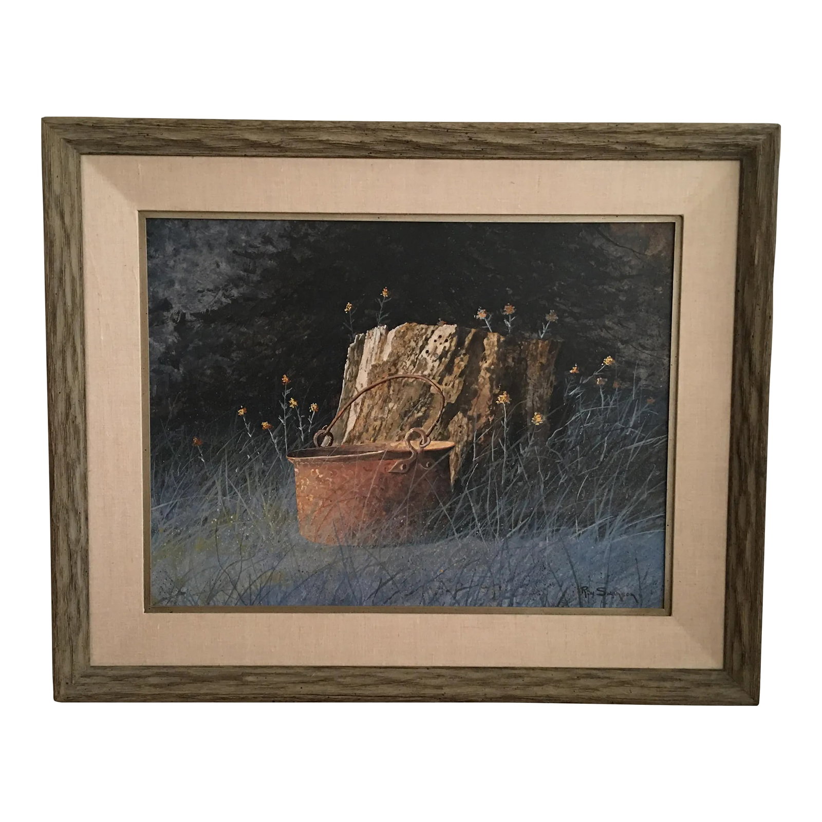 1960s Rustic Still Life Painting by Ray Swanson, Framed: Born in South Dakota, artist Ray Swanson became a celebrated painter of Native American Indian He was able to achieved the dream that so many Artist share He spent 67 years to painting the Native