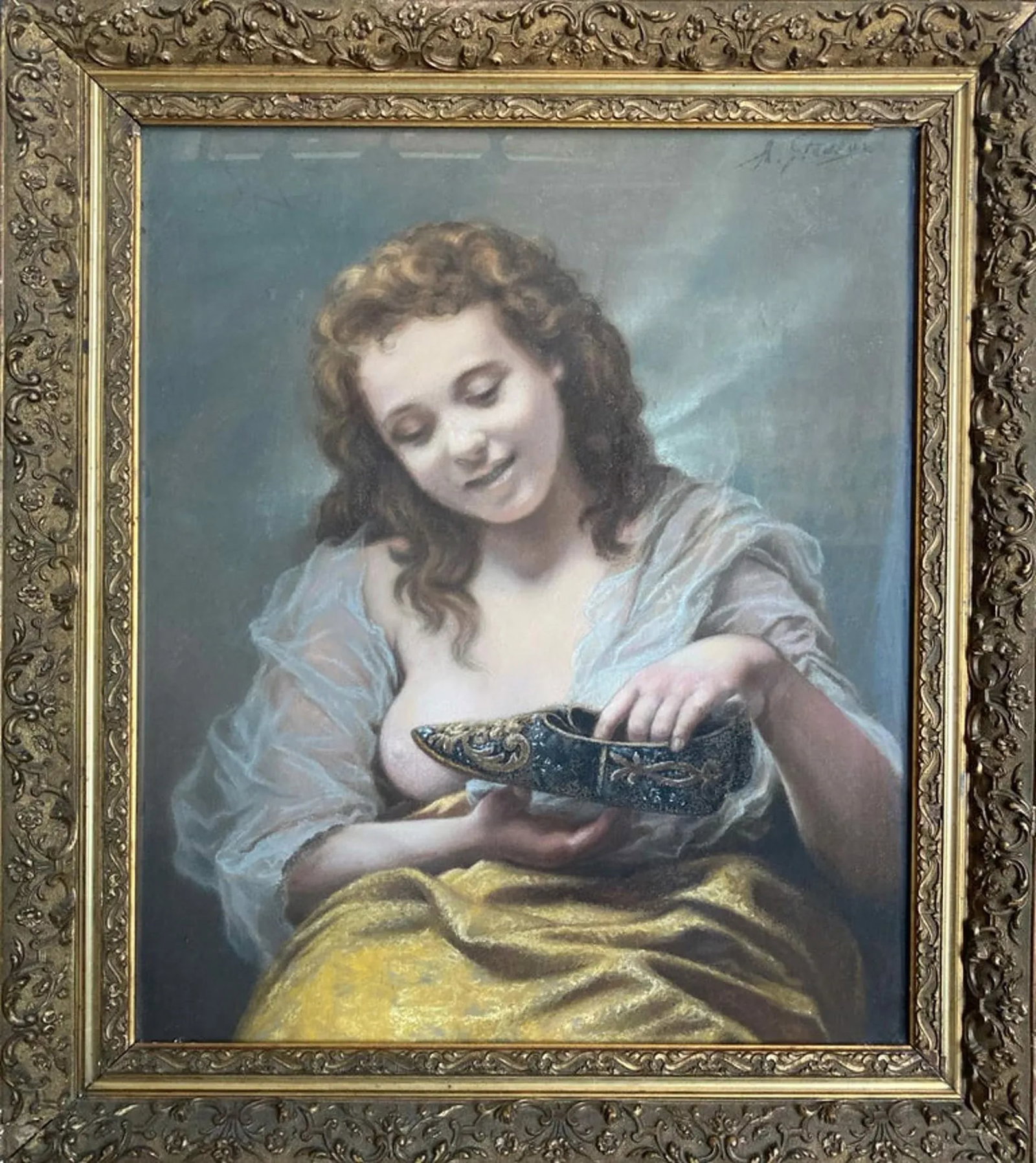 Young Woman With Silk Shoes - 19th Century Antique Portrait Painting by A. Stiveux, Framed: (Sorry for the reflections on the glass.) An exquisite antique pastel of a beautiful young lady showing her pleasure gazing at a new pair of silk tapestry shoes. An import sticker from France is