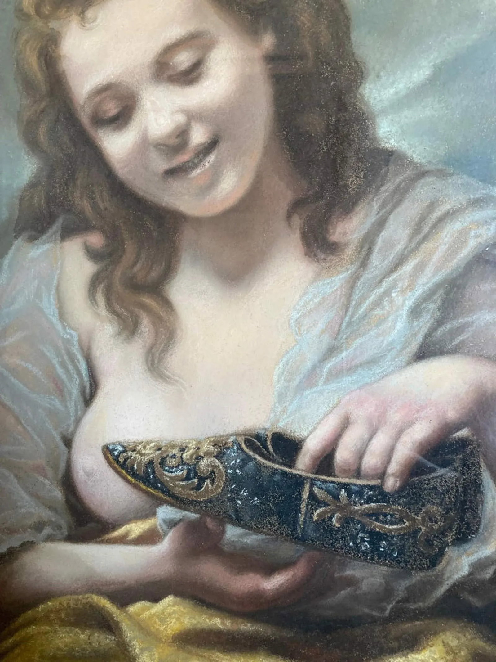 Young Woman With Silk Shoes - 19th Century Antique Portrait Painting by A. Stiveux, Framed - 3