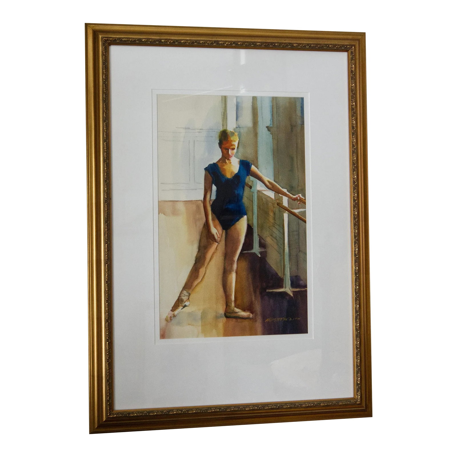 Late 20th Century Arne Westerman Watercolor Painting of a Ballerina, Framed: This is an original painting in watercolor depicting a introspective moment in a ballet studio. The colors are rich and the subtle glow of the subject and studio depicted are complimented well by the