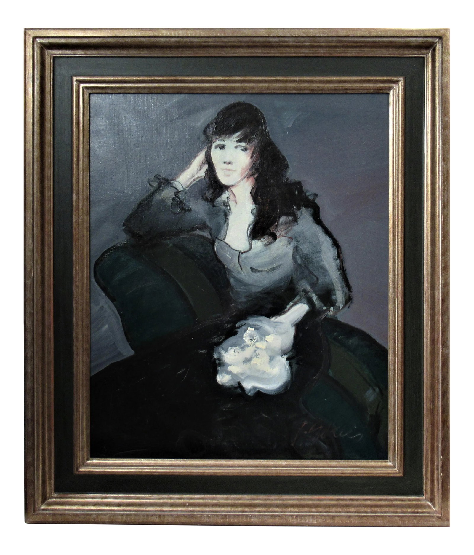 Juan Garces Espinosa, Woman with Bouquet, Circa 1985: This artwork "Woman with Bouquet" c.1985 is an oil on canvas by noted Spanish artist Juan Garces Espinosa, 1935-2014 It is signed at the lower right corner by the artist. The canvas size is 28.75 x