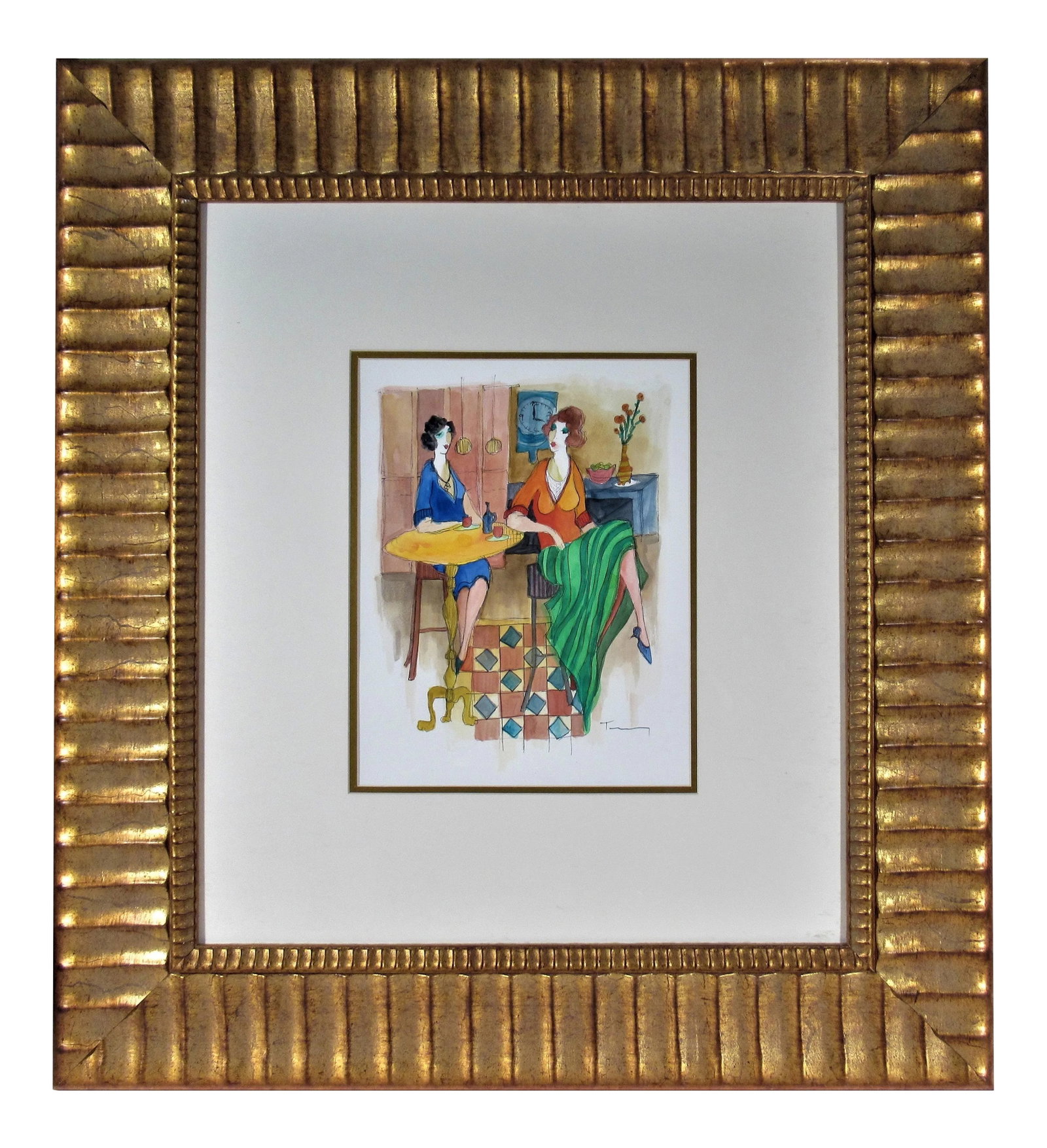 Itzchak Tarkay, Interior: This artwork titled "Interior" is an original watercolor on paper by Israeli artist Itzchac Tarkay 1935-2012. It is signed at the lower right corner. The image size is 11.5 x 9 inches, framed size is 