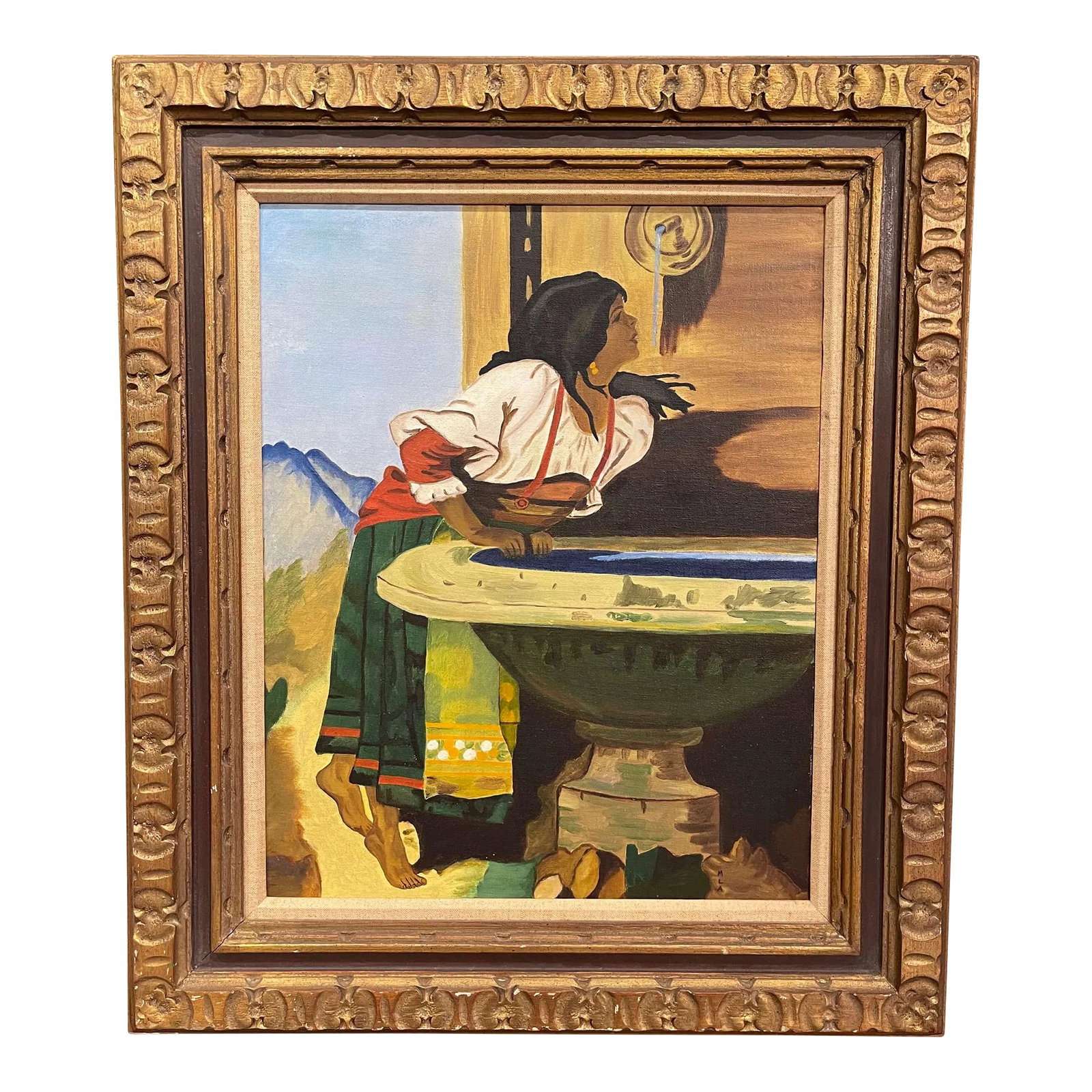 Mid-Century Oil on Canvas Painting in Gilt Frame Signed Mla After Leon Bonnat: This figurative painting was created after French painter Leon Bonnat, where he painted "La Fille Romaine a La Fontaine" in 1875! Set in a carved ornate gilt wood frame, the art work depicts a