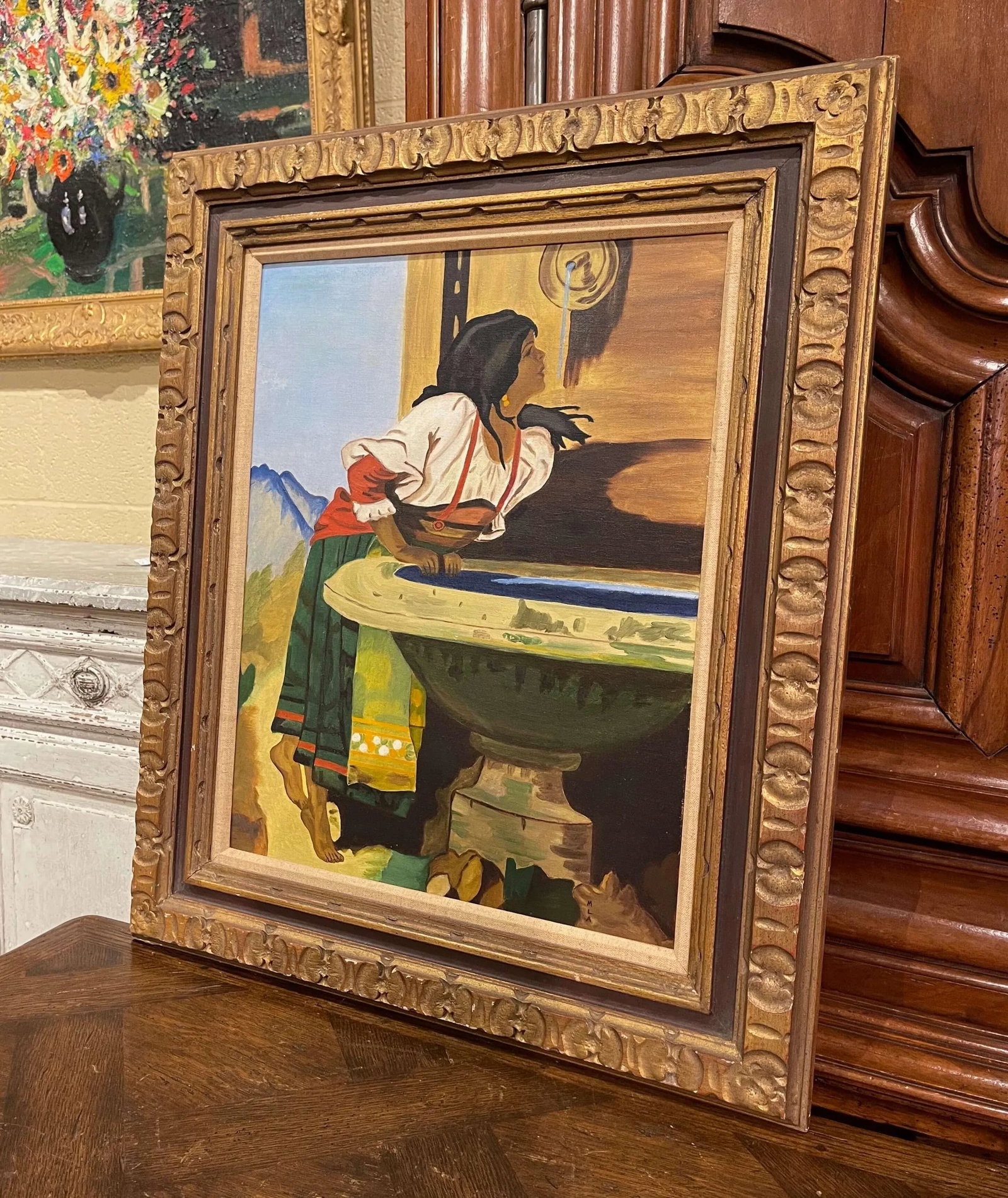Mid-Century Oil on Canvas Painting in Gilt Frame Signed Mla After Leon Bonnat - 2