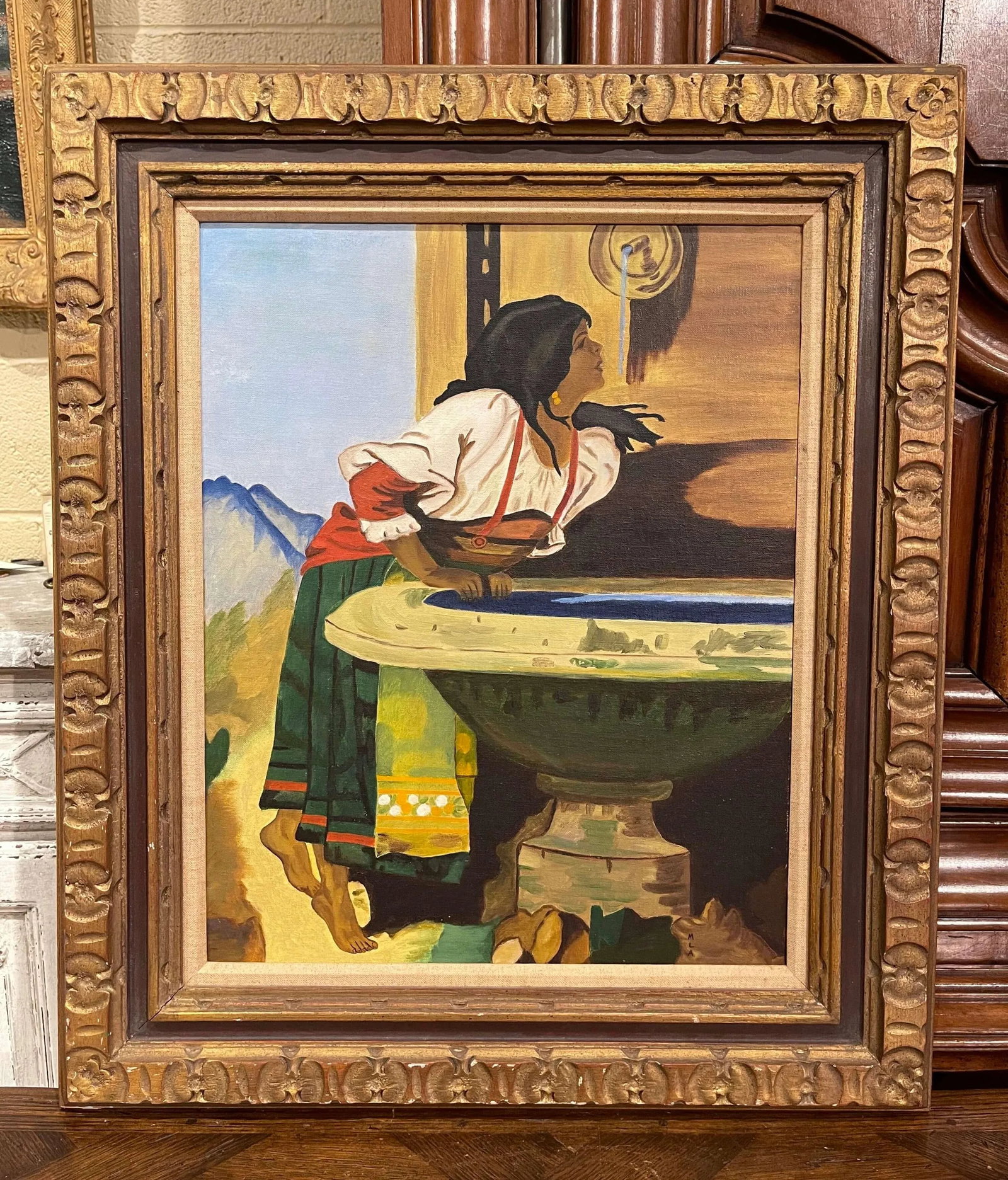 Mid-Century Oil on Canvas Painting in Gilt Frame Signed Mla After Leon Bonnat - 5