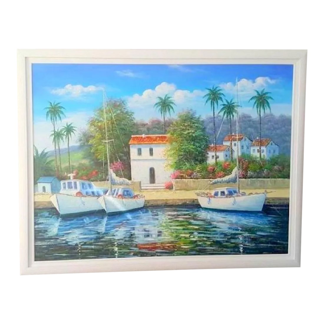 Late 20th Century Seaside Ocean Oil Painting on Canvas Signed by W. Chapman: Very nice Seaside Ocean Oil Painting on Canvas Signed by Impressionist Artist W. Chapman. Great condition and vibrant colors. White wooden frame that can be replaced to match your decor. Condition: Al
