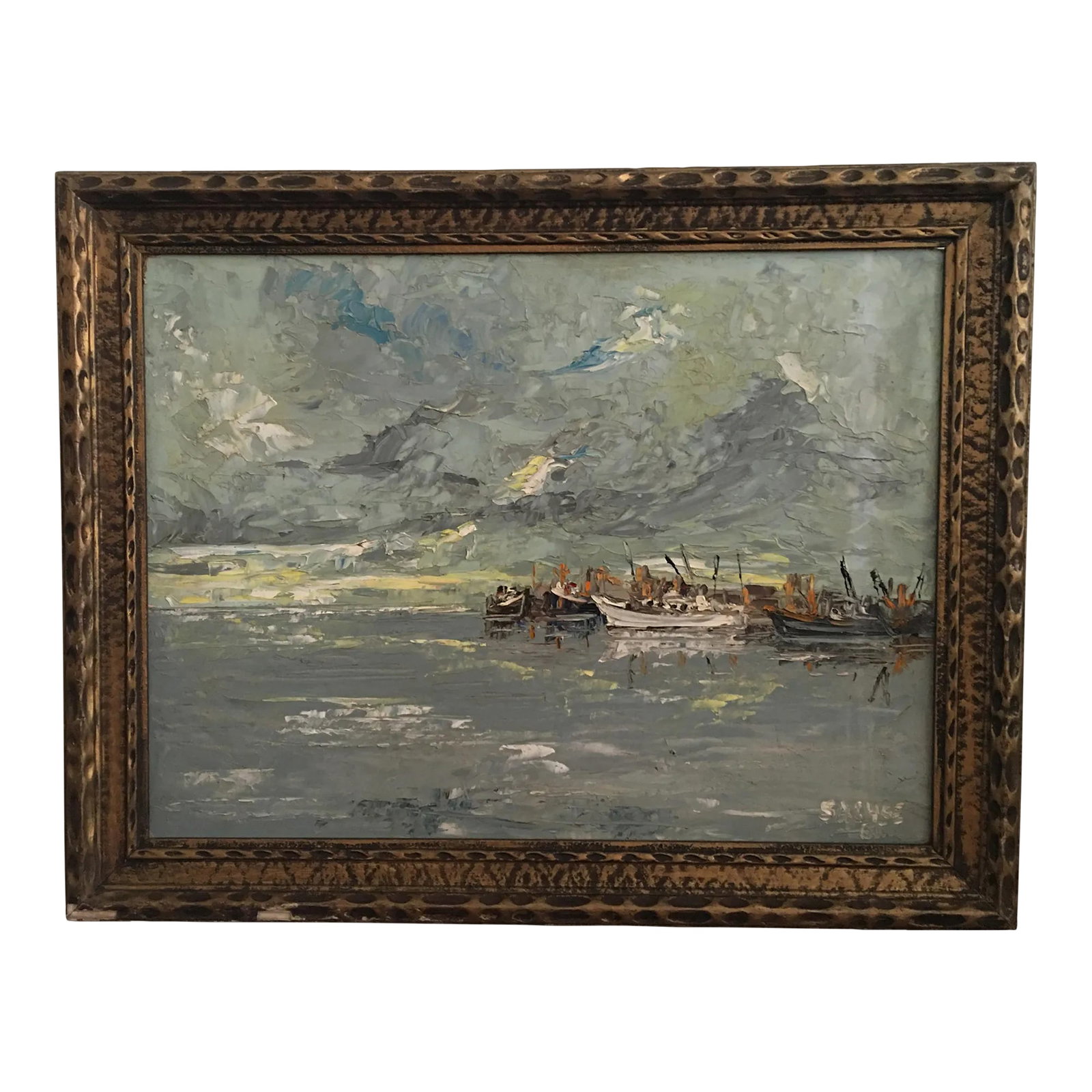 Vintage Impressionist Style Nautical Oil Painting Signed Sachse, Framed: This mid-century .oil painting was made in in 1965 It is sign Sachse Each line are being carved to the thick Texture Made of oil paint It does represent boats at see port, and it is painted on canvas