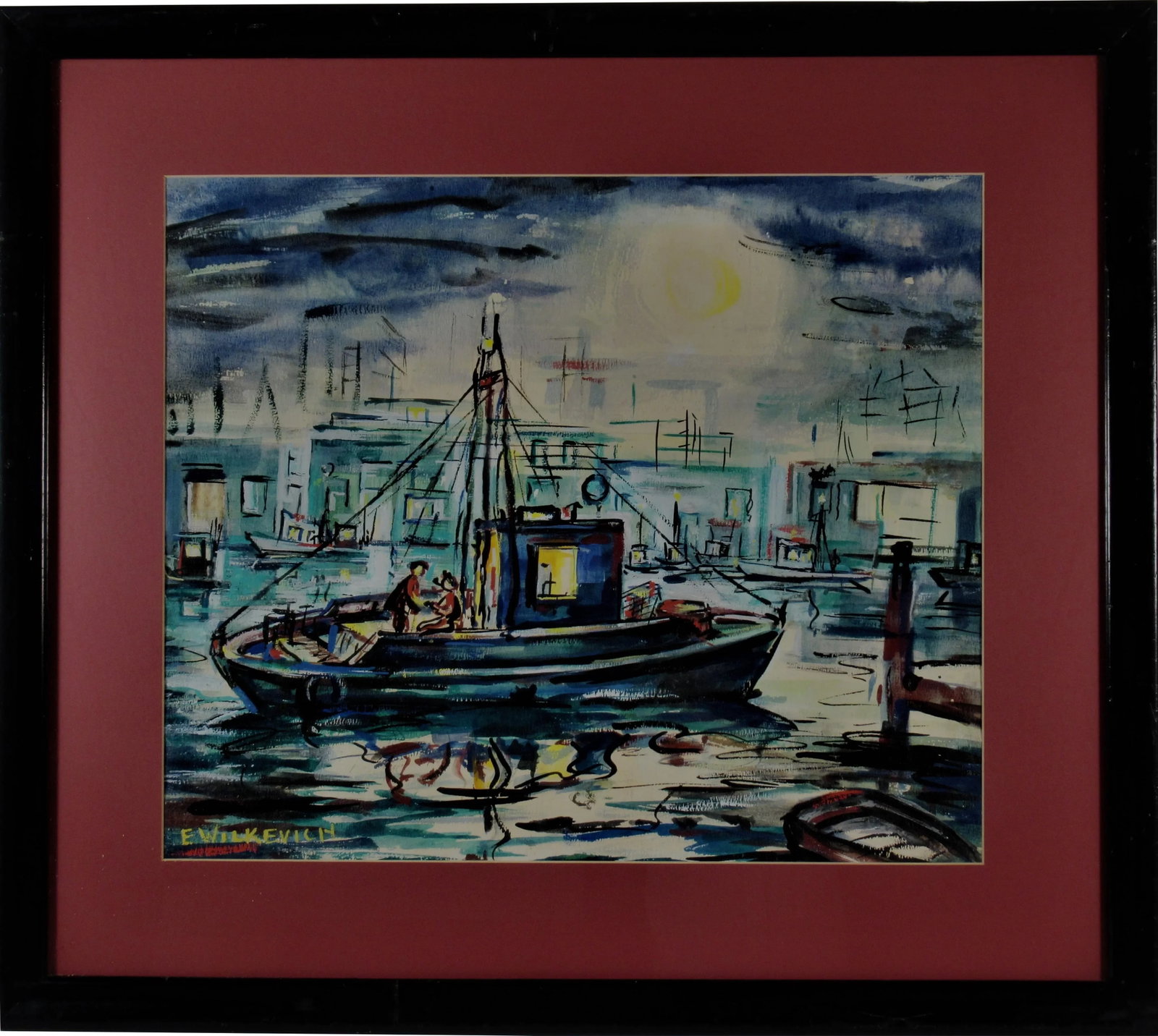 Eleanor Wilkevich, Fishing Boat: This artwork "Fishing Boat" c. 1950 is a watercolor on paper by California artist Eleanor M. Wilkevich, 1908-1969. It is signed at the lower left corner by the artist. The artwork size is 16 x 19.5