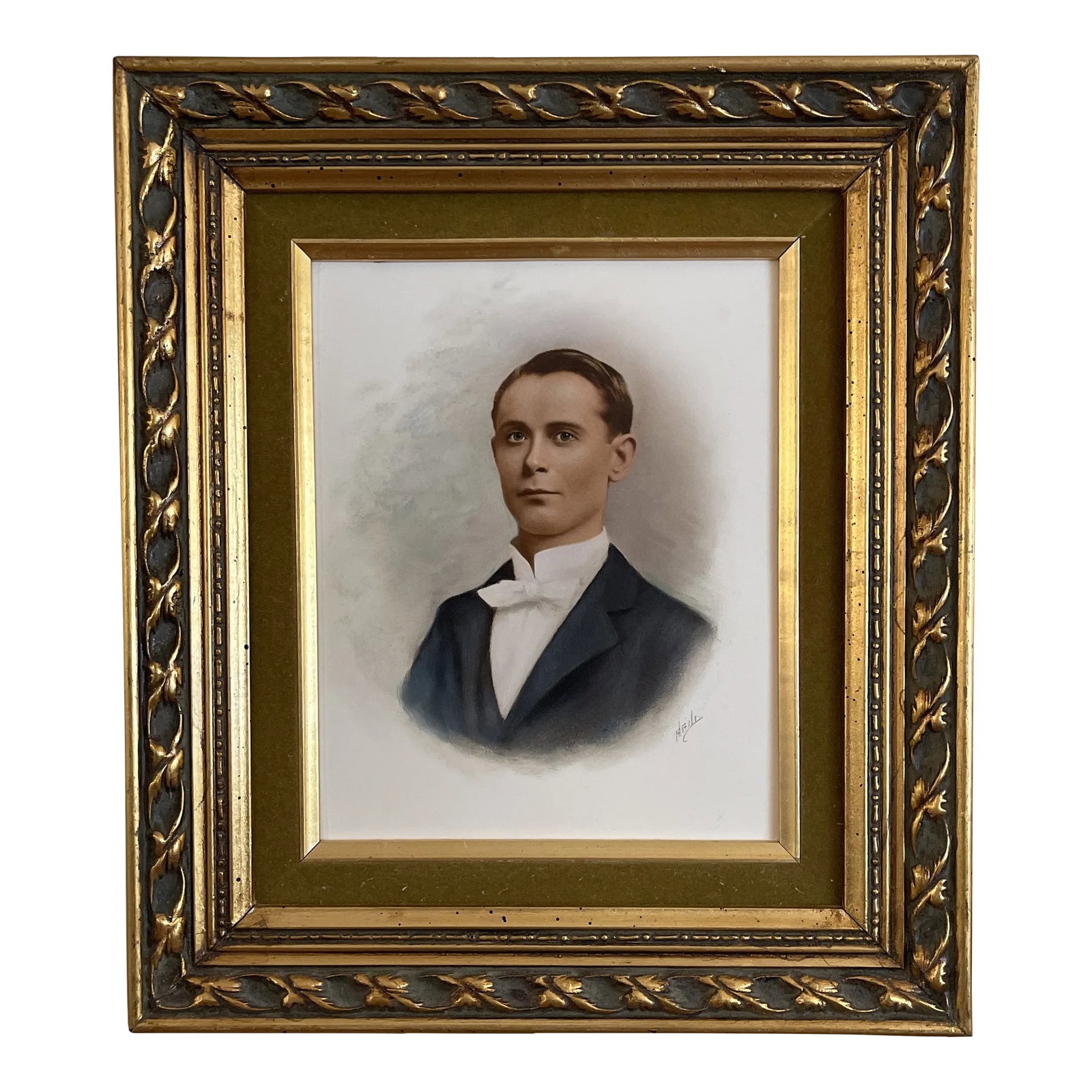 1900s Portrait Young Gentleman in White Tie, Framed: Antique Circa 1900-1910s Hand colored picture portrait of an attractive, dapper young man in White Tie attire. Signed "Hand"? Custom framed in a gold gilt frame with a green velvet matting Condition: