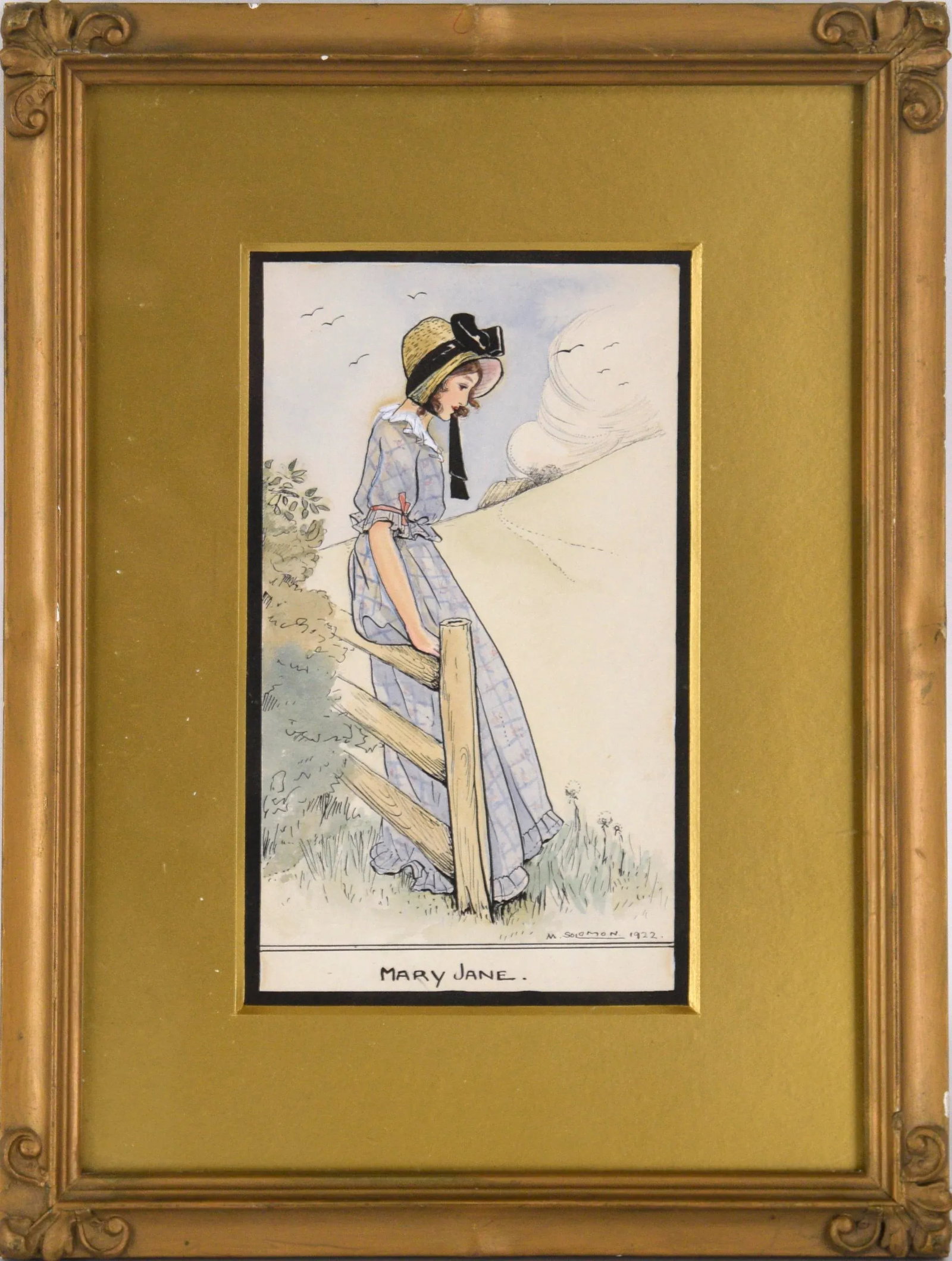 1920s Illustration Gouache Painting of a Country Girl by M. Solomon, Framed: Finely detailed figurative illustration of a young woman leaning against a fence. The woman is wearing a plaid dress and bonnet with a black ribbon. Some of the landscape has been illustrated in a