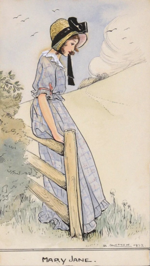 1920s Illustration Gouache Painting of a Country Girl by M. Solomon, Framed - 2