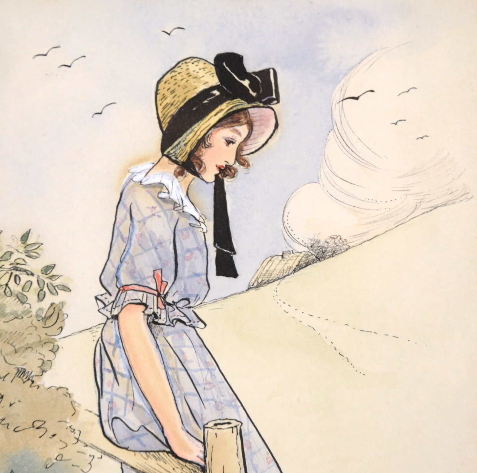 1920s Illustration Gouache Painting of a Country Girl by M. Solomon, Framed - 3