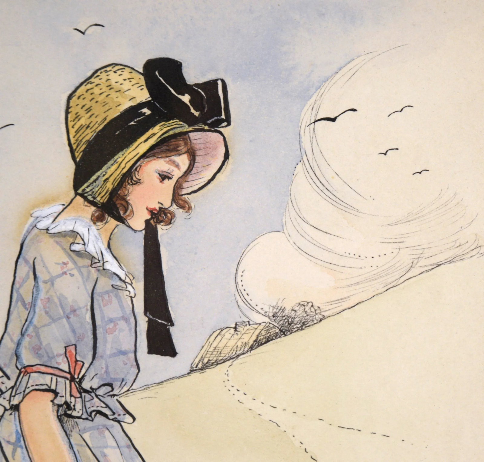 1920s Illustration Gouache Painting of a Country Girl by M. Solomon, Framed - 4