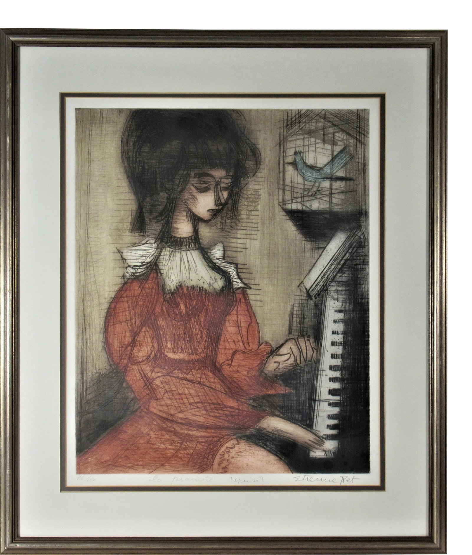 Etienne Ret, La Pianiste (epuise): Artist: Etienne Ret (French, 1900-1996) Title: La pianiste (Epuise) Year: Circa 1970 Medium:Color etching with aquatint Image (plate mark) size: 19 x 15.5 inches Framed size: 27.75 x 23.75 inches