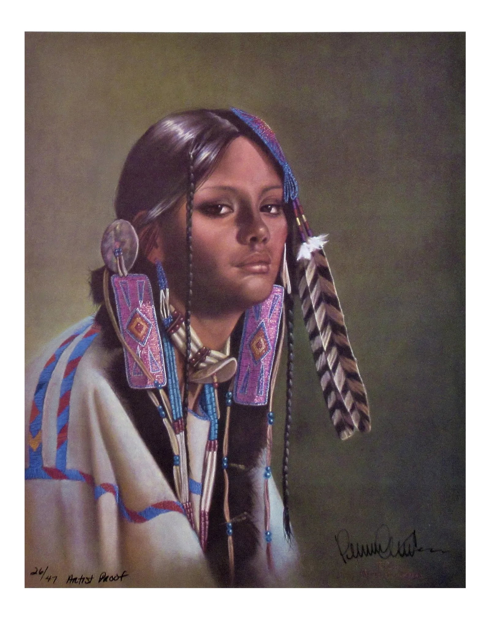 Penni Anne Cross, Profile of Caroline, 1983: This artwork titled "Profile of Caroline" 1983 is a color offset lithograph on Rag-Cote paper by Crow Indian artist Penni Anne Cross A.K.A. (Alawa-Sta-We- Ches) 1939-2016. It is hand signed,