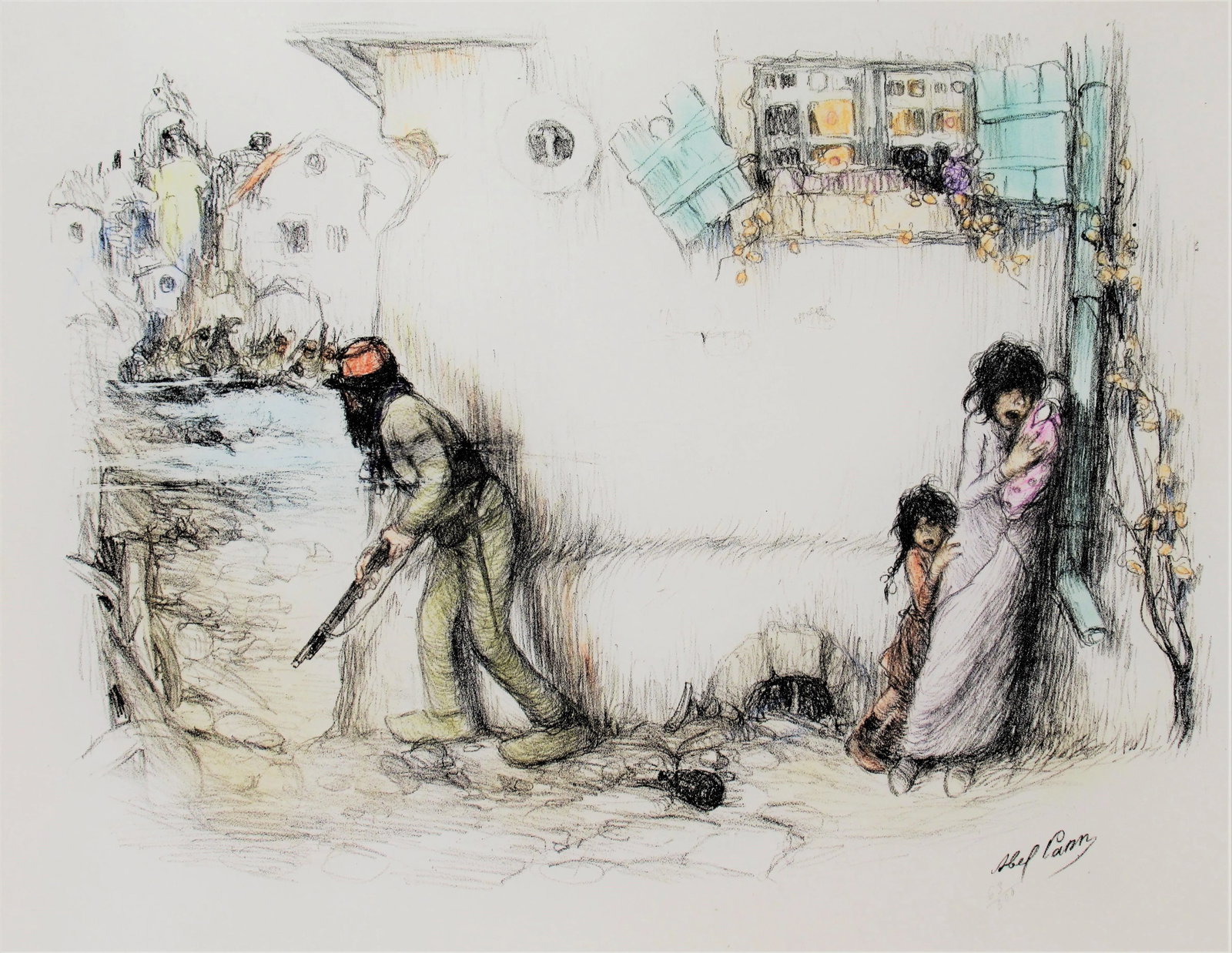 Abel Pann, War Scene: This artwork "War Scene" c.1930 is a color lithograph on Wove paper by noted Latvian/Israeli artist Abel Pfeffermann Pan, 1883-1963. It is signed in the stone as issue and numbered 63/300 in pencil.