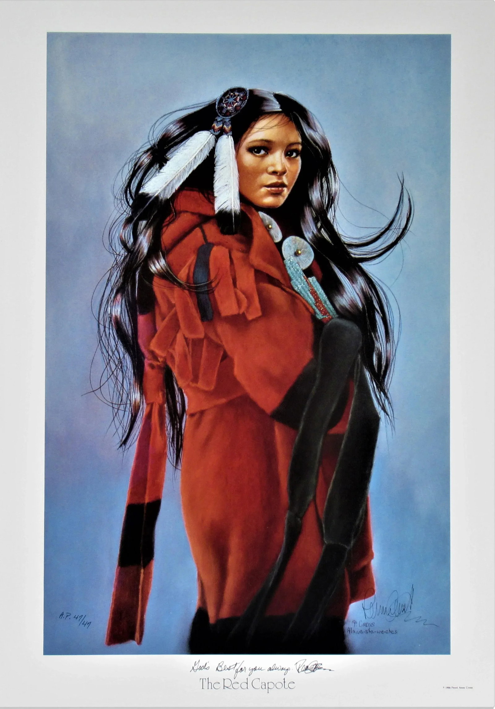 Late 20th Century "The Red Capote" Portrait Artist's Proof Print by Penni Anne Cross: This artwork titled " The Red Capote" 1986 is a color offset lithograph on Artcote paper by Crow Indian artist Penni Anne Cross A.K.A. (Alawa-Sta-We- Ches) 1939-2016. It is hand signed, inscribed A.P
