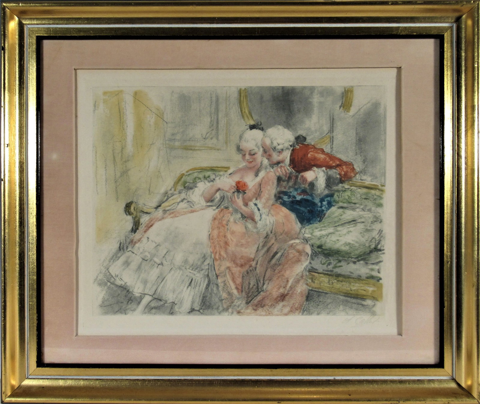 Antoine Calbet, Scene Galante au XVIII eme Siecle #1: This artwork titled "Scene Galante au XVIII eme Siecle" c.1930 in an aquatint on paper by French artist Antoine Calbet, 1860-1944. It is hand signed in pencil at the lower right corner. The plate