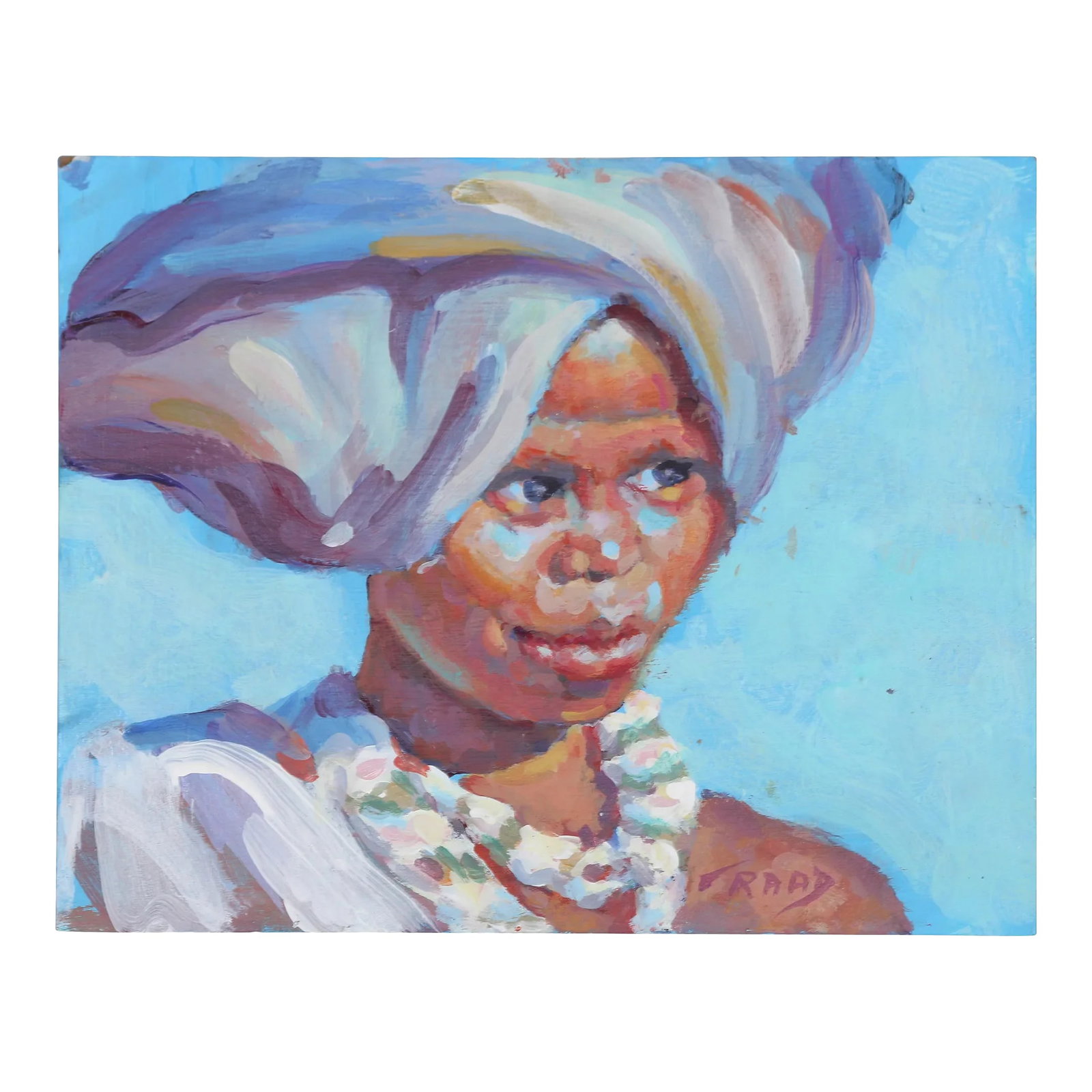 South African Woman Contemporary Original Expressionist Portrait Acrylic Painting by Lucelle Raad: Original acrylic on board painting by Lucelle Raad, with blue background. Dimensions: WxDxH 10"x.25"x8" Condition: Imperfections: No Imperfections Materials & Techniques: Acrylic Paint Winning