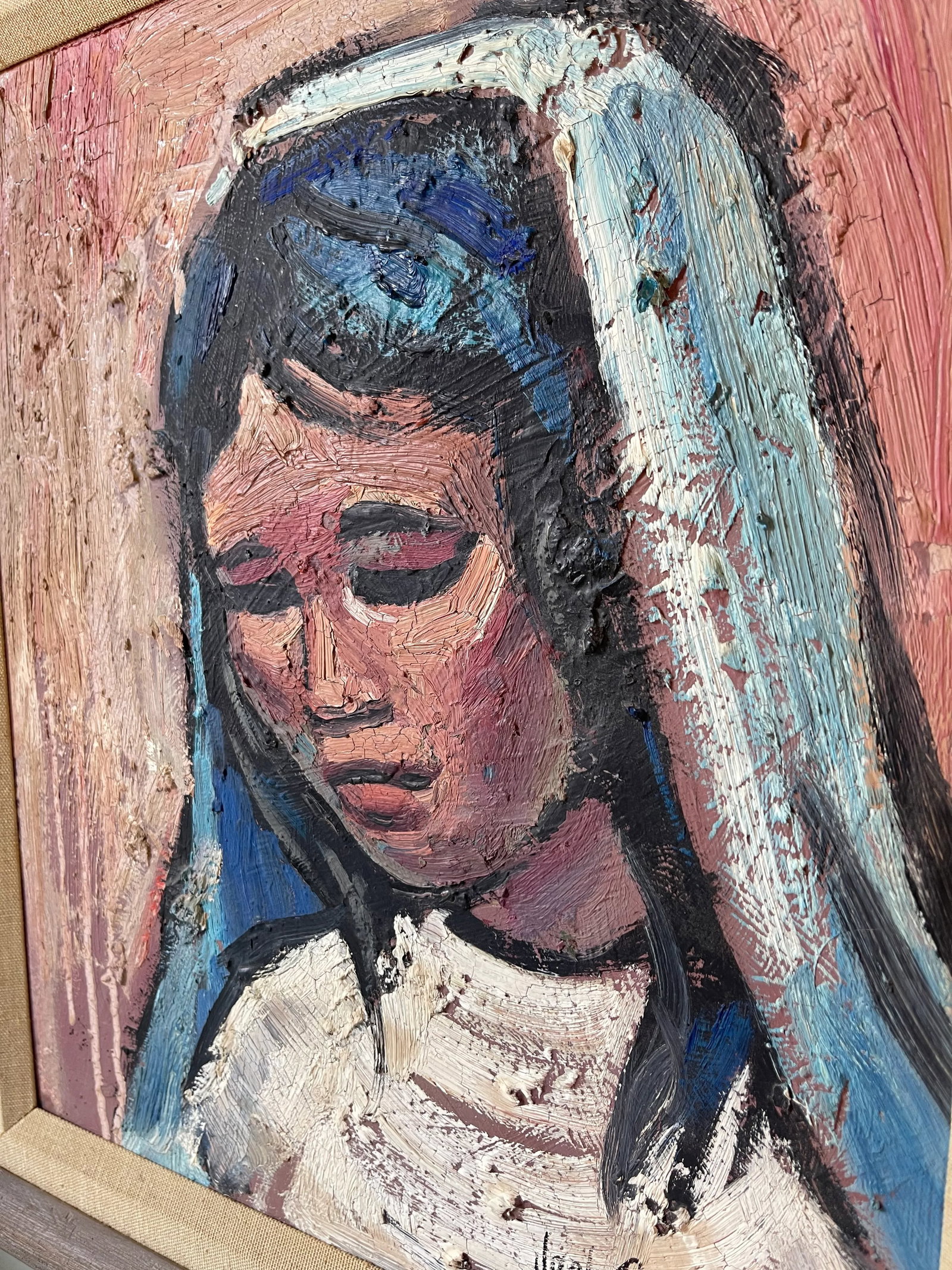 Mid 20th Century Modern Portrait Oil Painting of a Woman in a Veil, Framed - 3