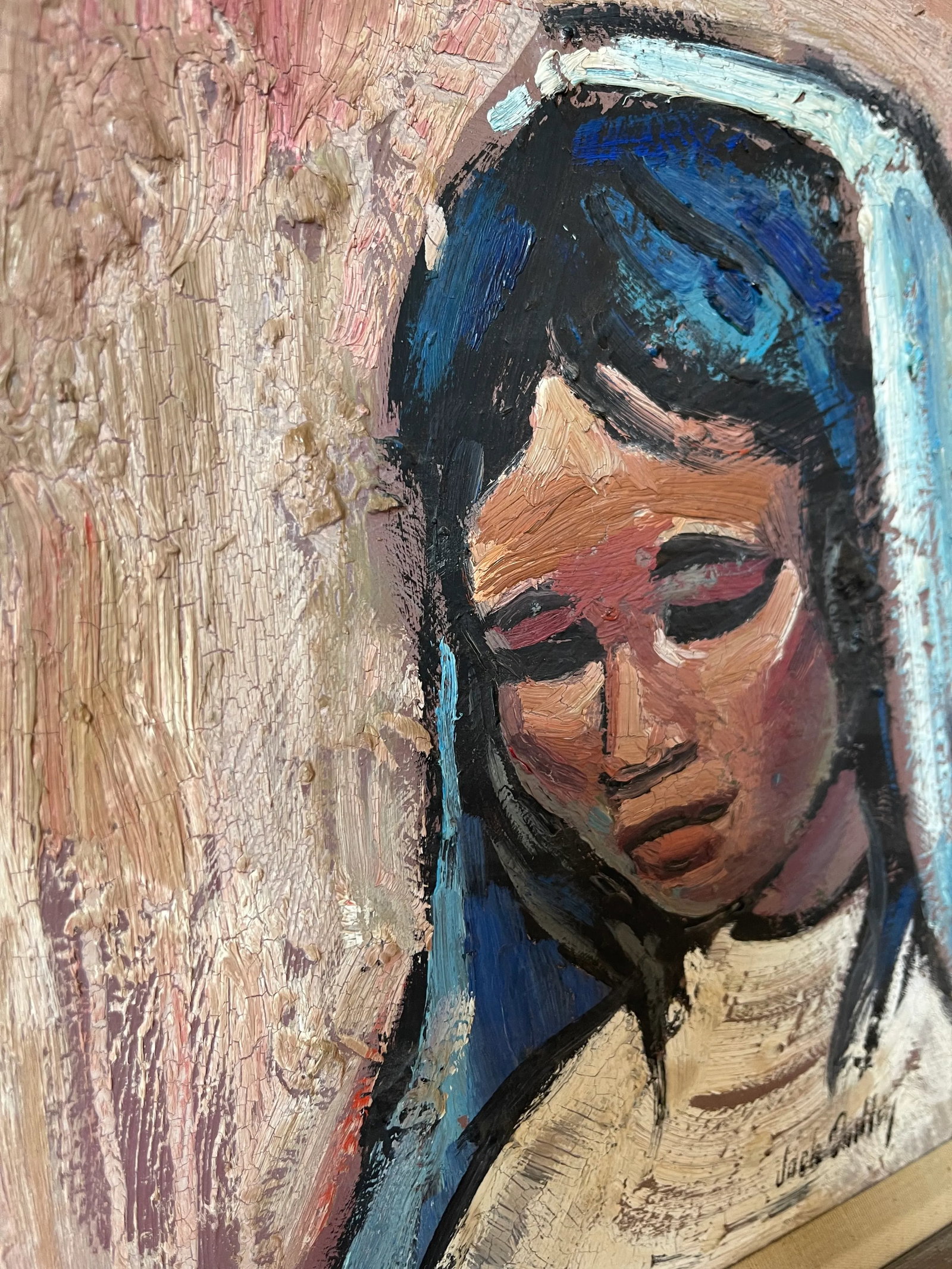 Mid 20th Century Modern Portrait Oil Painting of a Woman in a Veil, Framed - 4