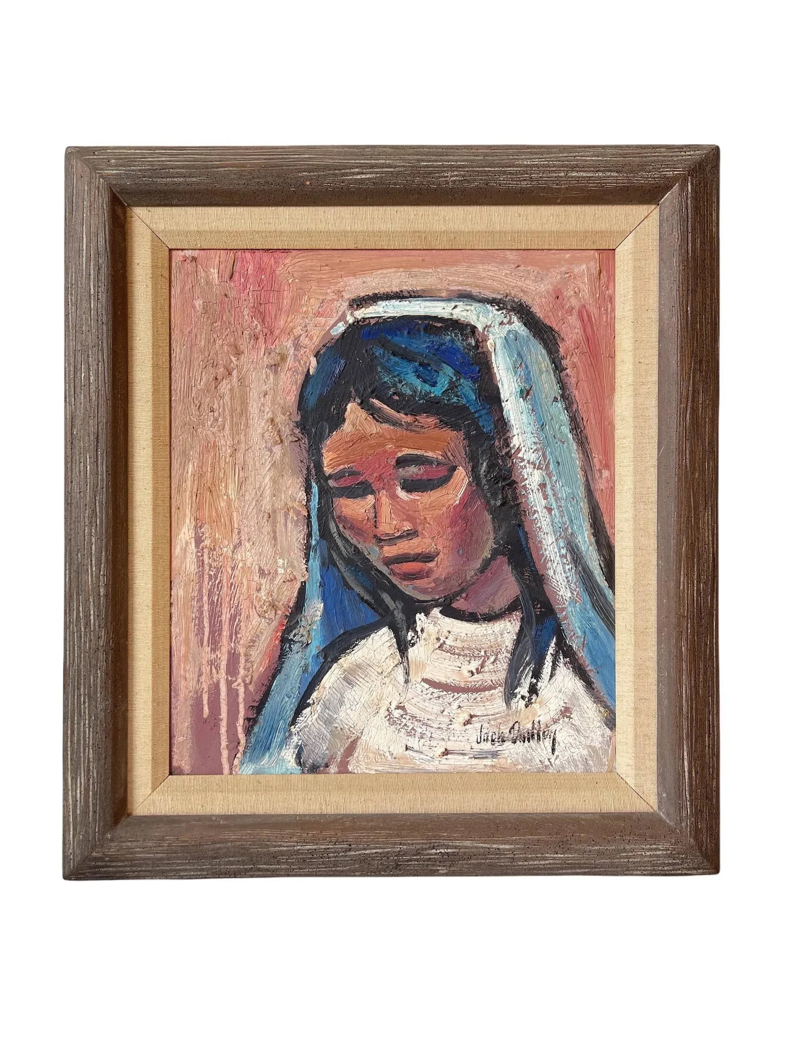 Mid 20th Century Modern Portrait Oil Painting of a Woman in a Veil, Framed - 9