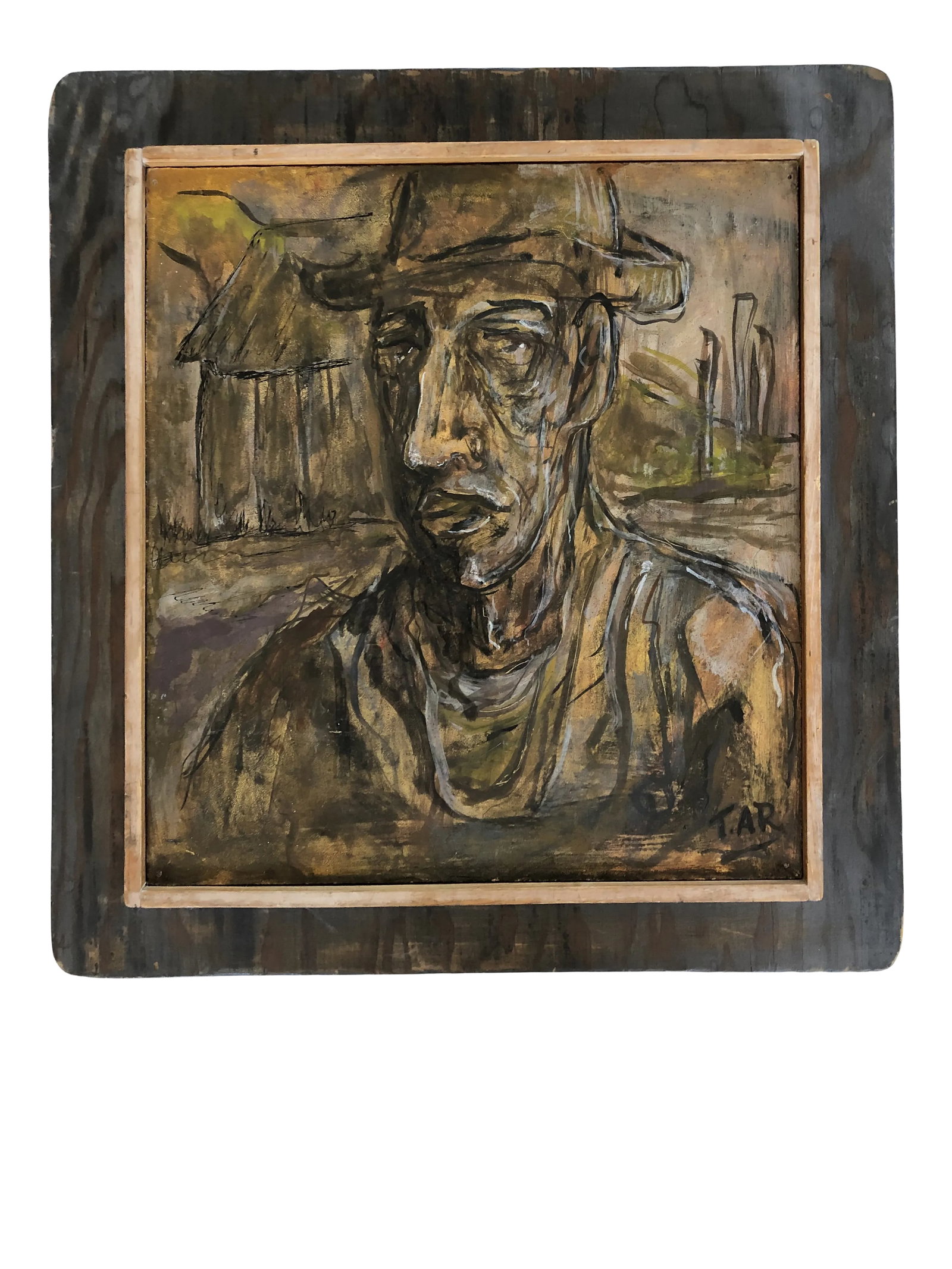 Mid 20th Century "The Hired Man" Expressionist Figurative Oil Painting by Thomas Reany, Framed: Oil painting on board of a man by the artist Thomas Reaney. Titled "The Hired Man". Hints of Picasso with a warm palette of colors. Very stunning. The wooden framing is fabulous and really adds to