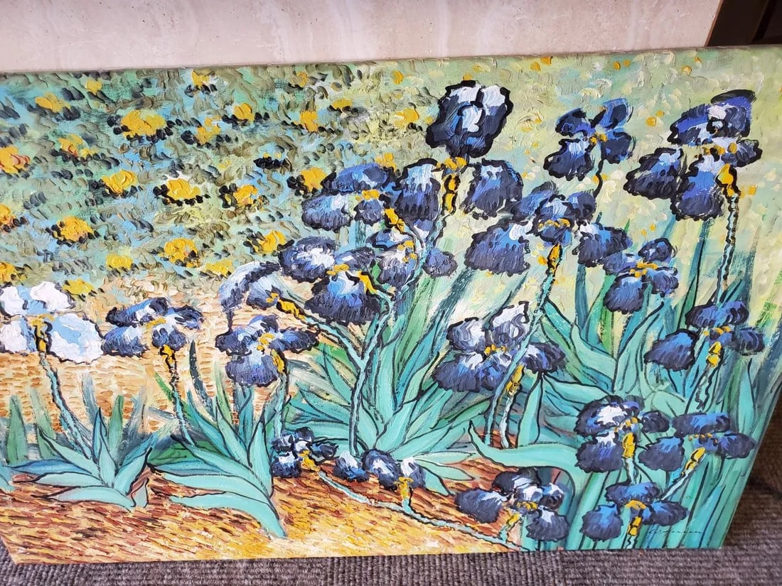 1980s Post-Impressionist Style Floral Still Life Oil Painting of Water Lillies and an Iris - 2