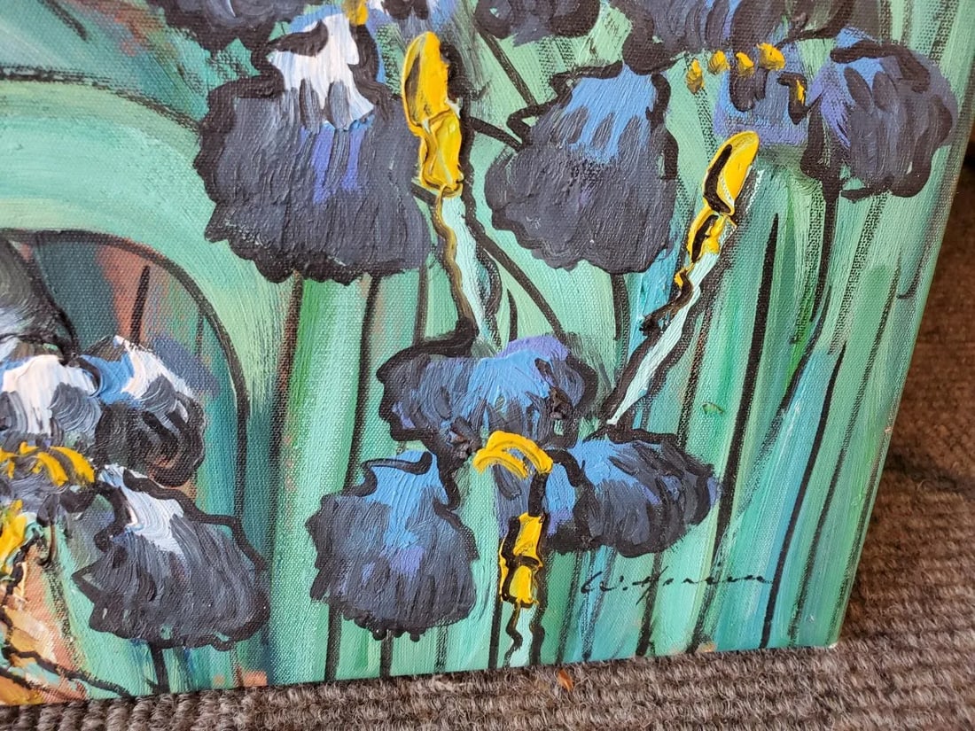 1980s Post-Impressionist Style Floral Still Life Oil Painting of Water Lillies and an Iris - 3