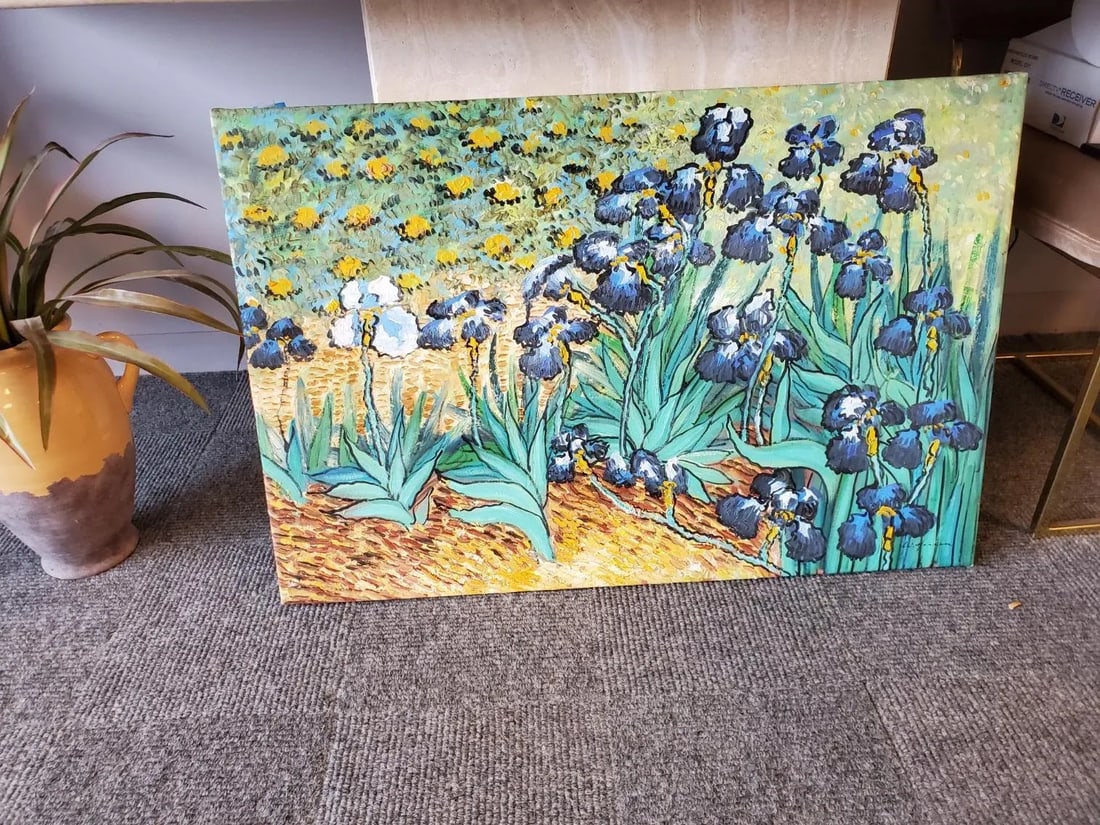 1980s Post-Impressionist Style Floral Still Life Oil Painting of Water Lillies and an Iris - 4