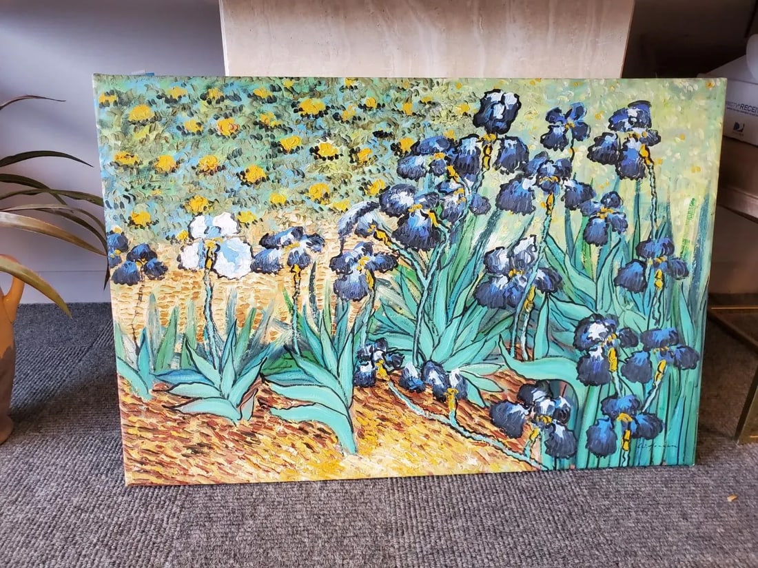 1980s Post-Impressionist Style Floral Still Life Oil Painting of Water Lillies and an Iris - 6