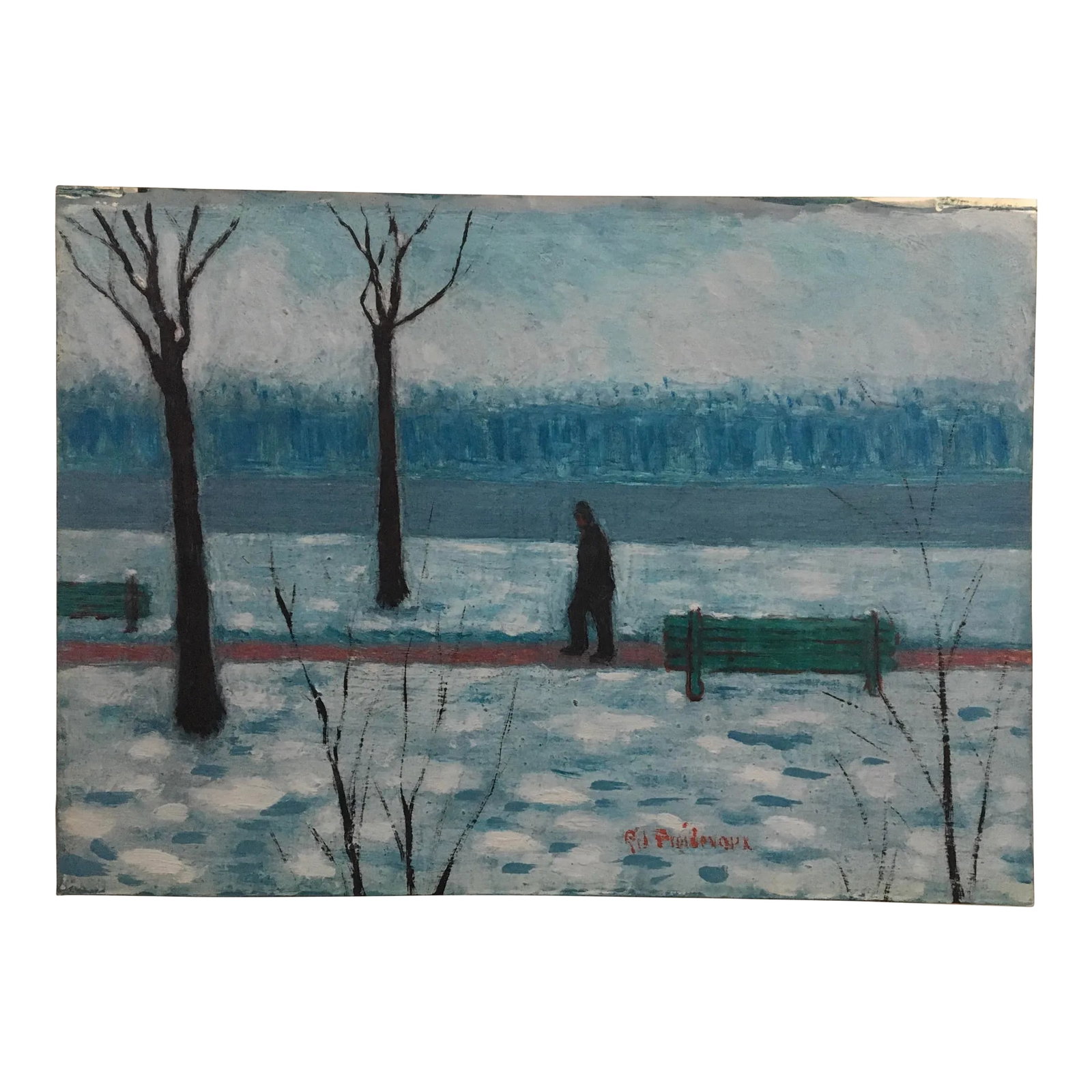 1930s Swiss Winter Landscape Oil Painting on Paper by Georges Froidevaux: This Georges Victor Froidevaux (Swiss, 1911 to 1968) painting is created in oil on heavy, smooth paper or cardboard and is primarily in cool blue tones. The winter scene shows a man walking past a